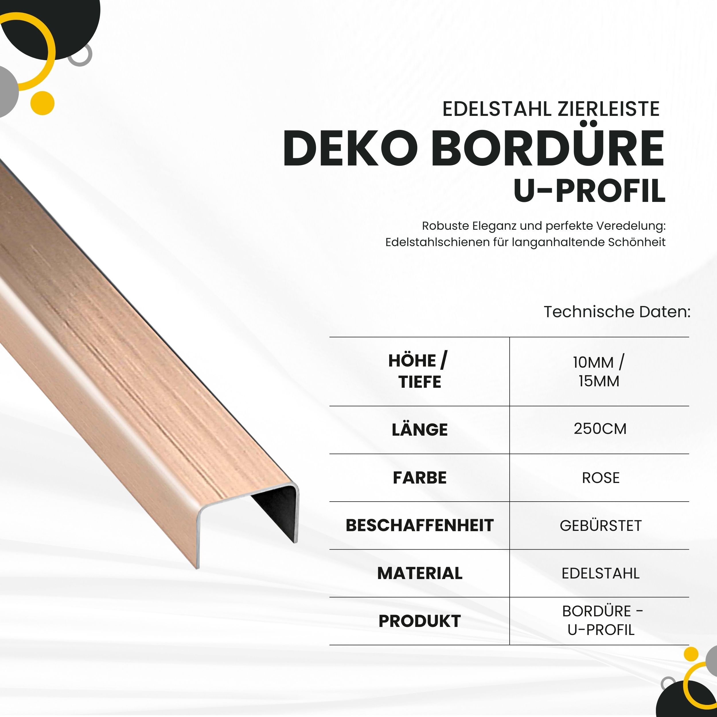 U Profil Edelstahlschiene Bordüre Fliesenschiene Edelstahl V2A L250cm 15mm rose gebürstet