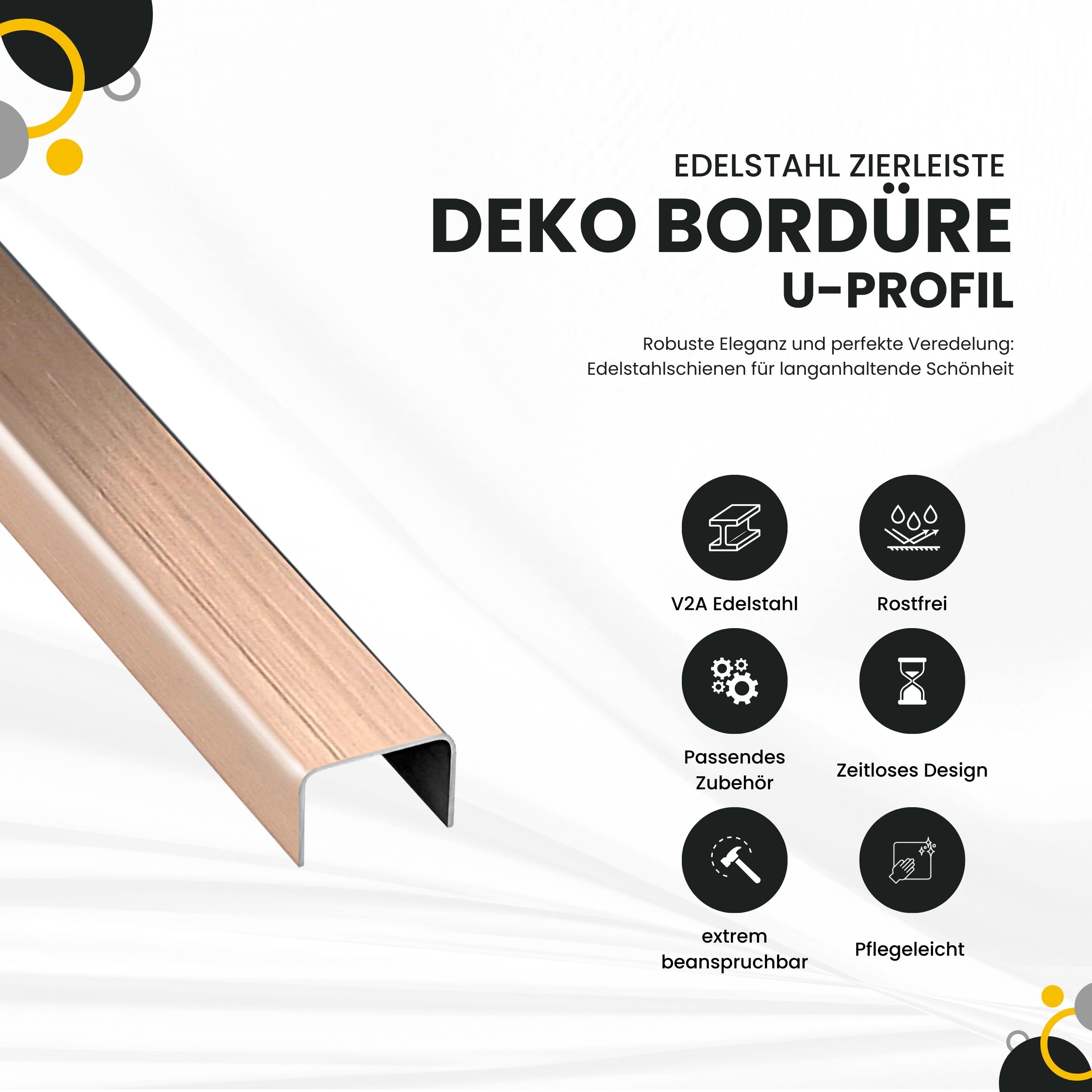 U Profil Edelstahlschiene Bordüre Fliesenschiene Edelstahl V2A L250cm 15mm rose gebürstet