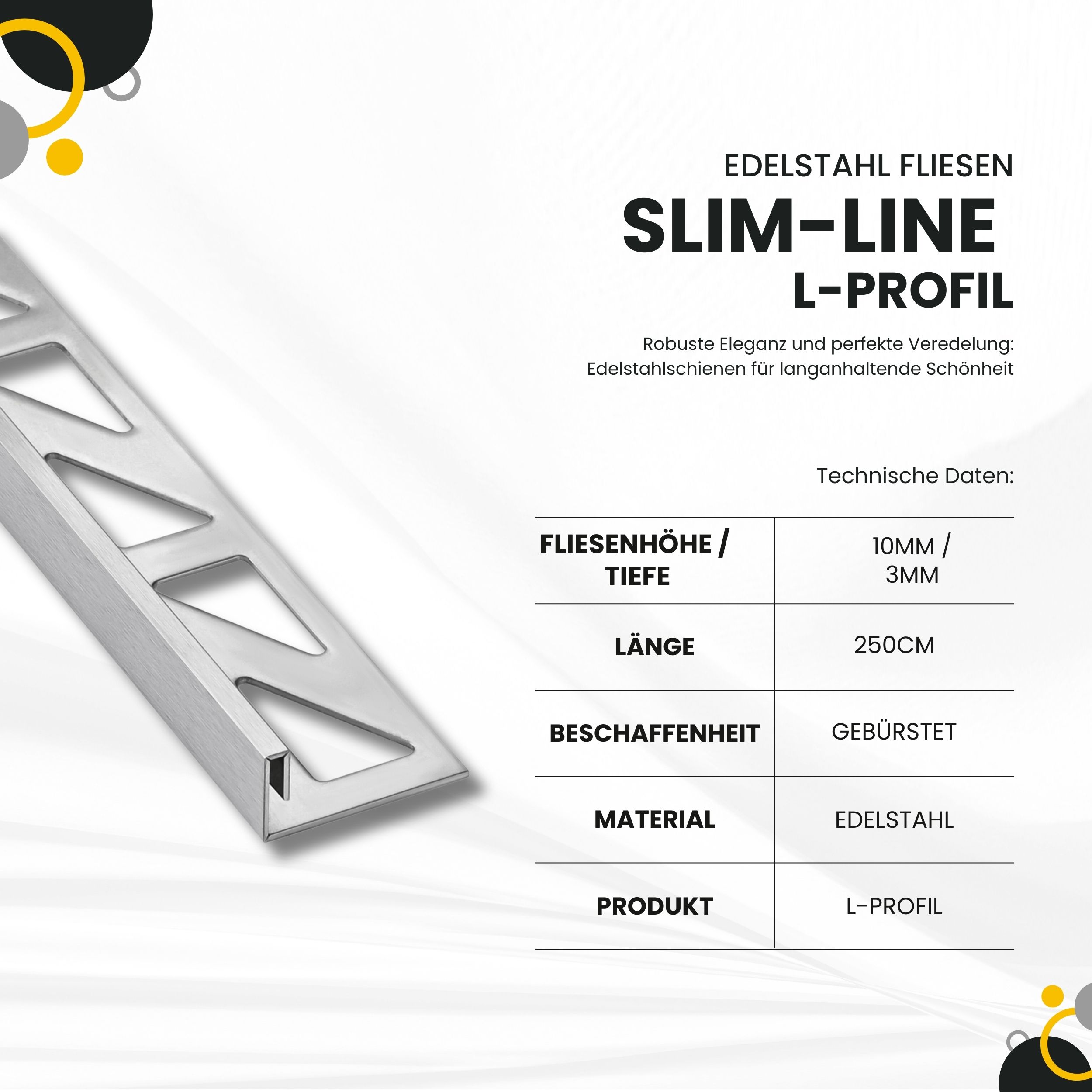 Slim-Line Edelstahl L-Profil Fliesenschiene V2A L250cm H10mm silber gebürstet