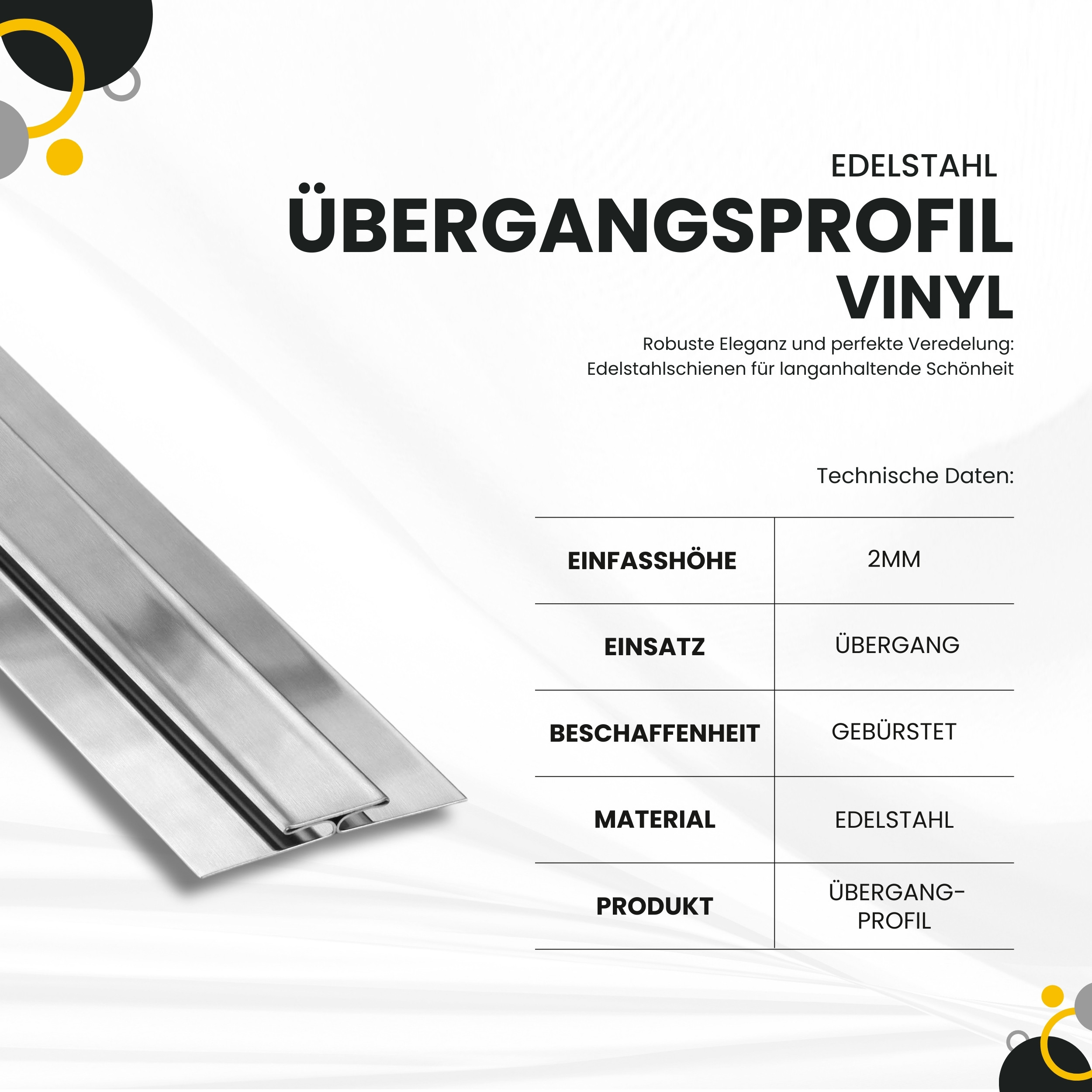 Vinyl Übergangsprofil H-Profil Edelstahl V2A, L250cm, H2mm, silber gebürstet