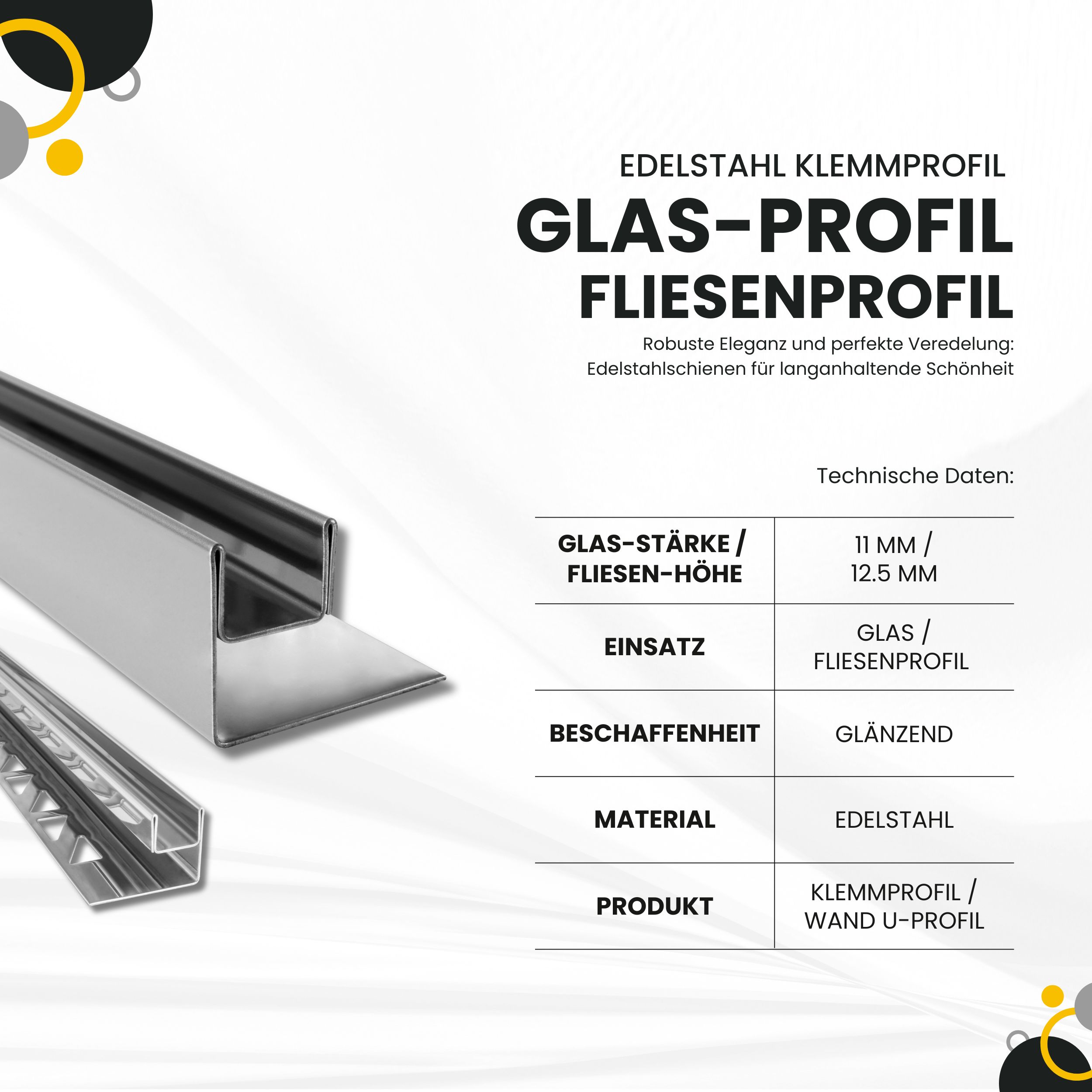 Glas-Fliesenprofil Edelstahl Klemmprofil Wandprofil V2A 2,5m H26,5mm 11mm Glas glänzend