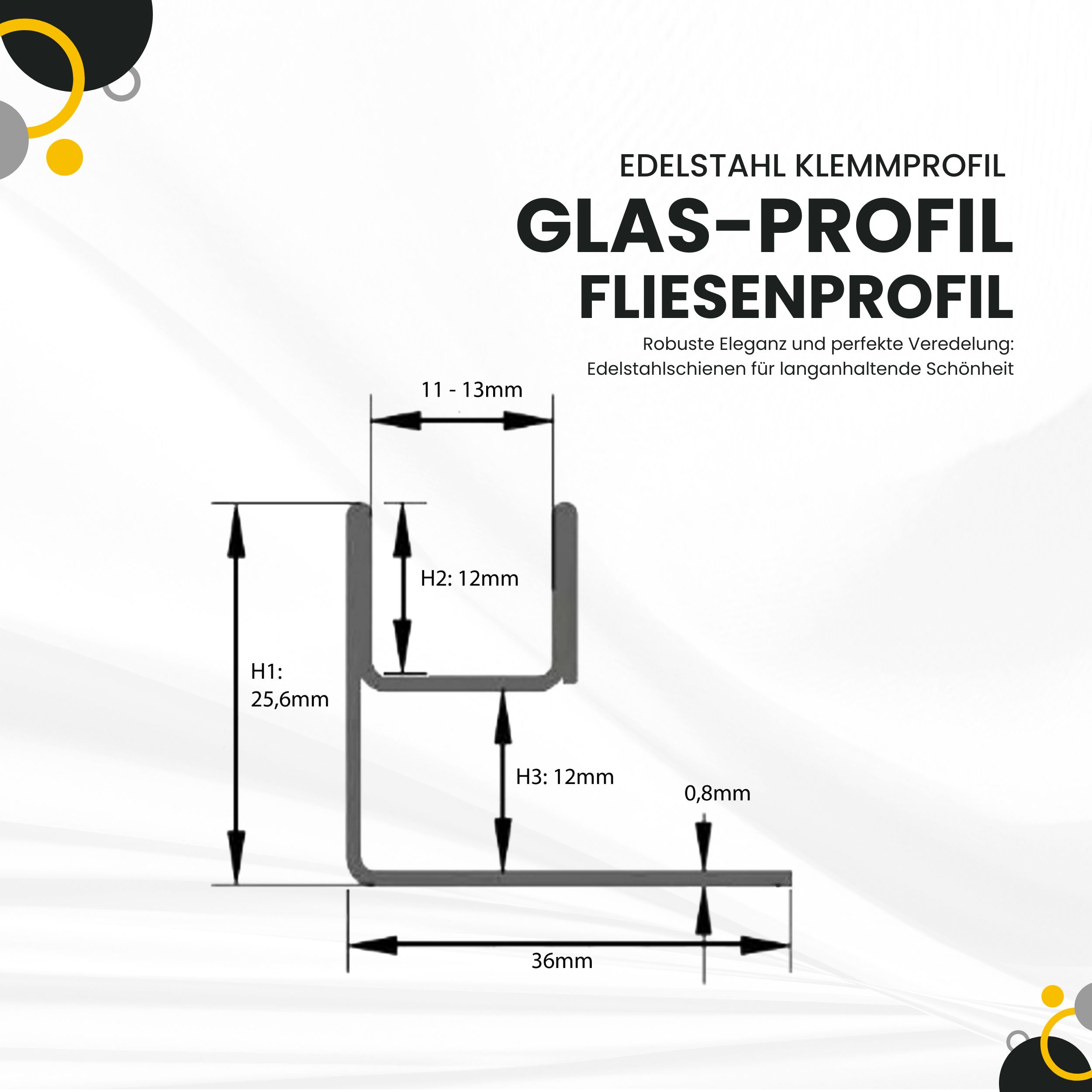 Glas-Fliesenprofil Edelstahl Klemmprofil Wandprofil V2A 2,5m H26,5mm 13mm Glas glänzend