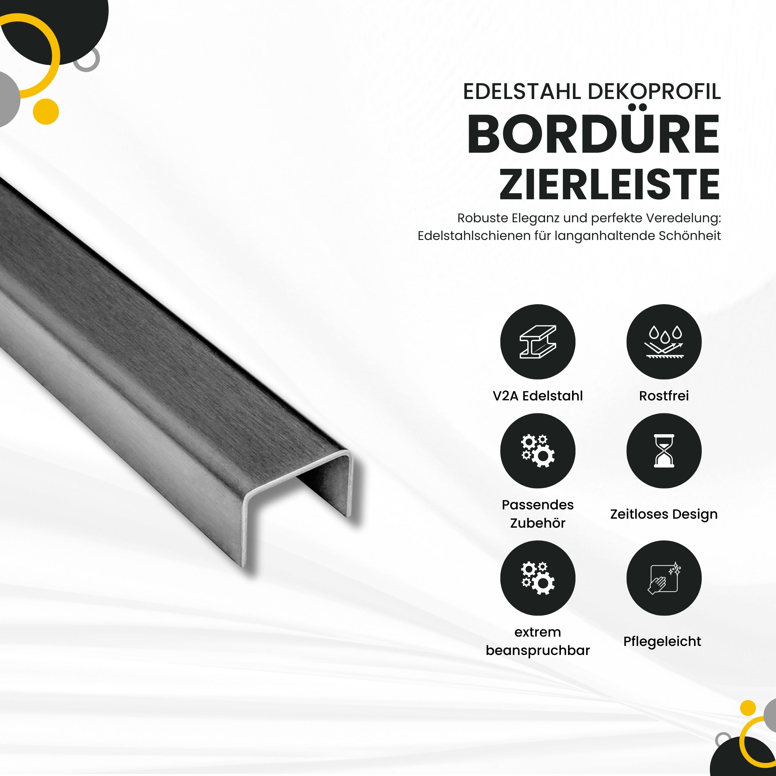 U Profil Edelstahlschiene Bordüre Fliesenschiene Edelstahl V2A L250cm H15mm gebürstet