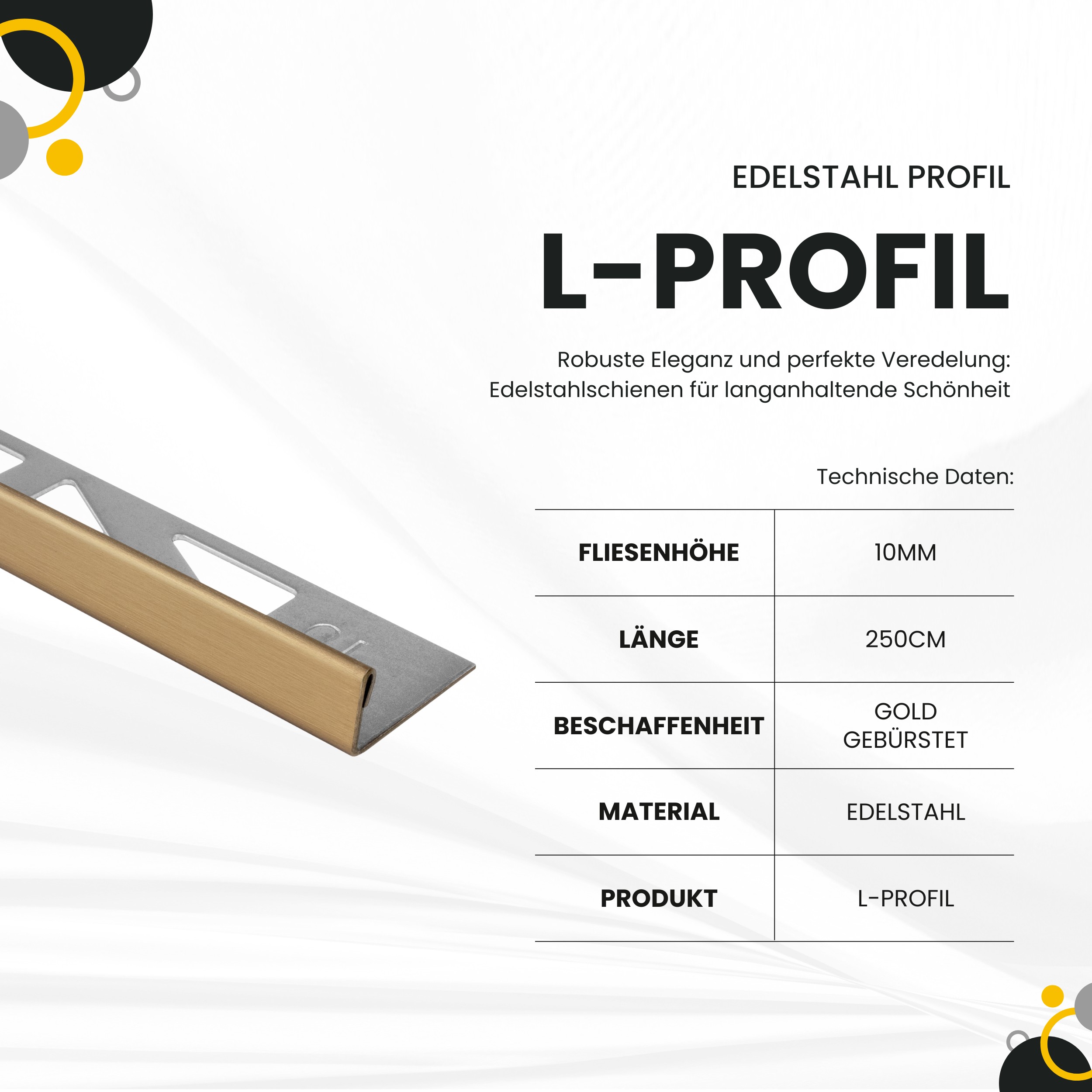 L-Profil Edelstahl Fliesenprofile V2A L250cm 10mm Gold gebürstet L-Profil Edelstahl Fliesenprofile V2A L250cm 10mm Gold gebürstet