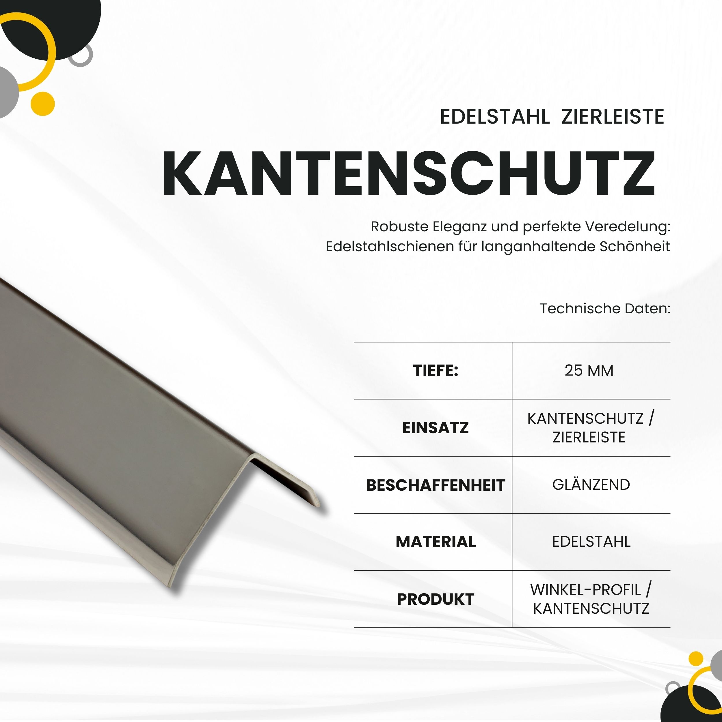 Kantenschutz Edelstahl Winkel 3-Fach gekantet Aussen V2A 250cm 25mm glänzend