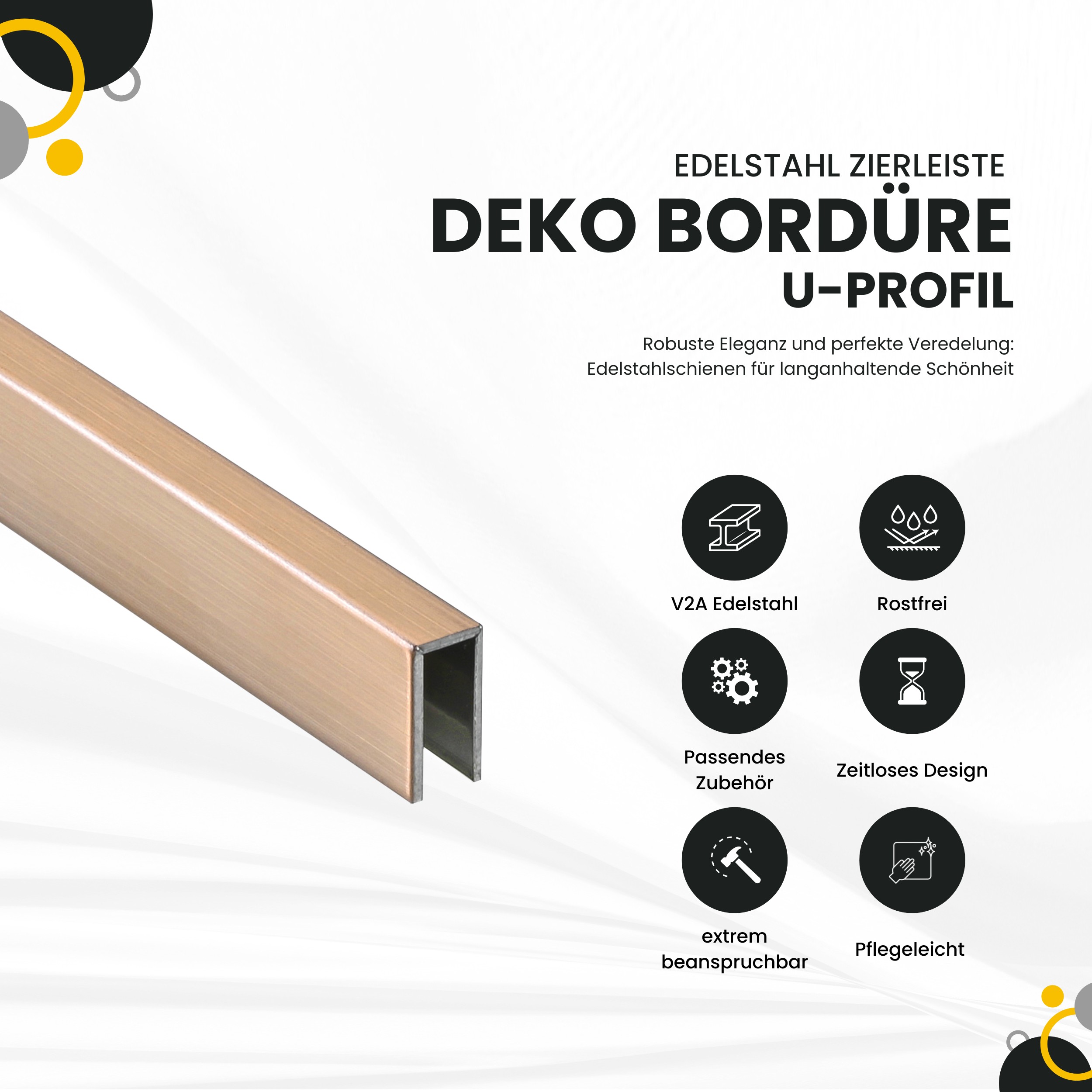 Deko Bordüre U-Profil Zierleiste Fliesenschiene Edelstahl V2A L250cm 3mm rose gebürstet