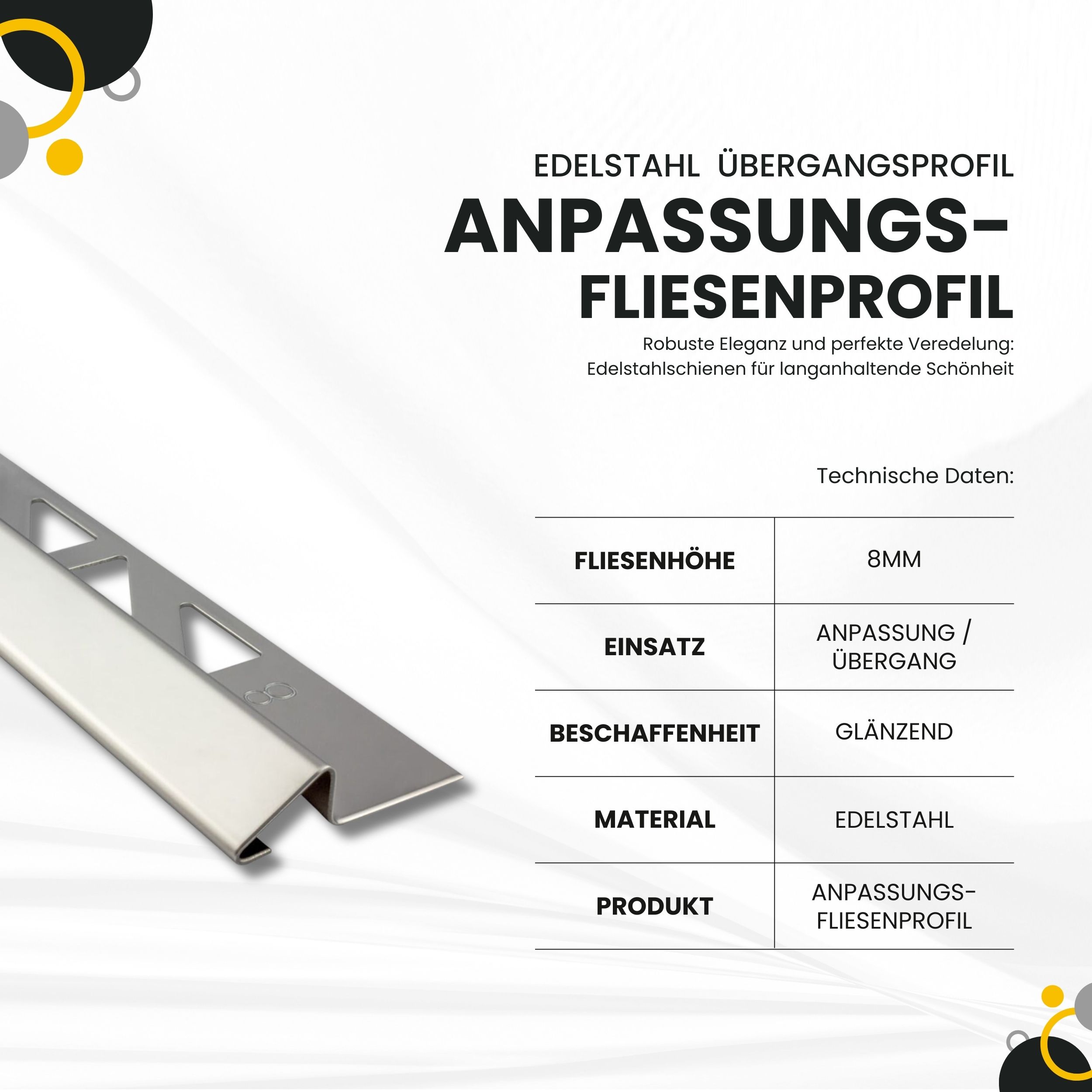 Anpassungsprofil Edelstahl Übergang Fliesenleiste Profil V2A L2,5m 8mm glänzend Anpassungsprofil Edelstahl Übergang Fliesenleiste Profil V2A L2,5m 8mm glänzend