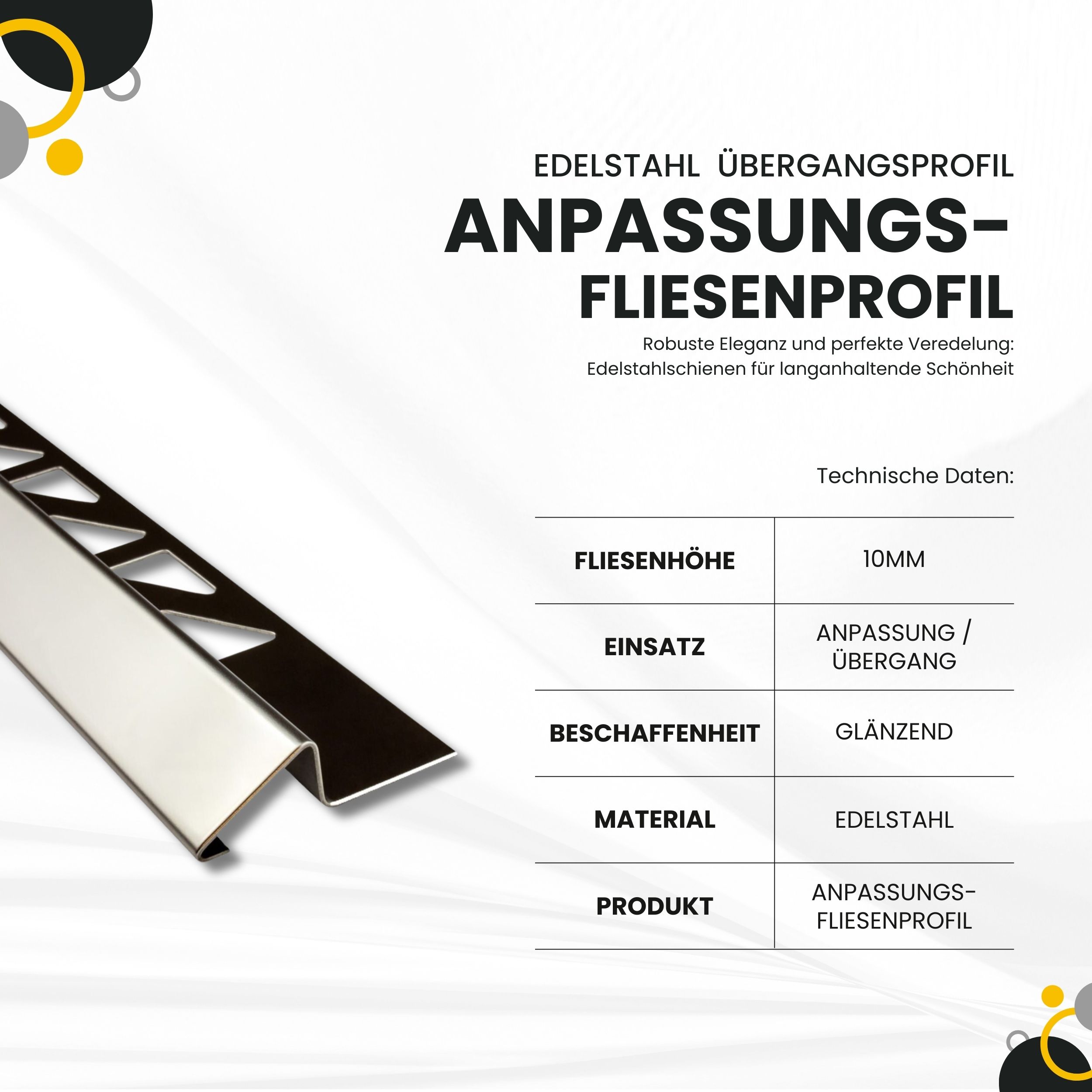 Anpassungsprofil Edelstahl Übergang Fliesenleiste Profil V2A 2,5m 10mm glänzend