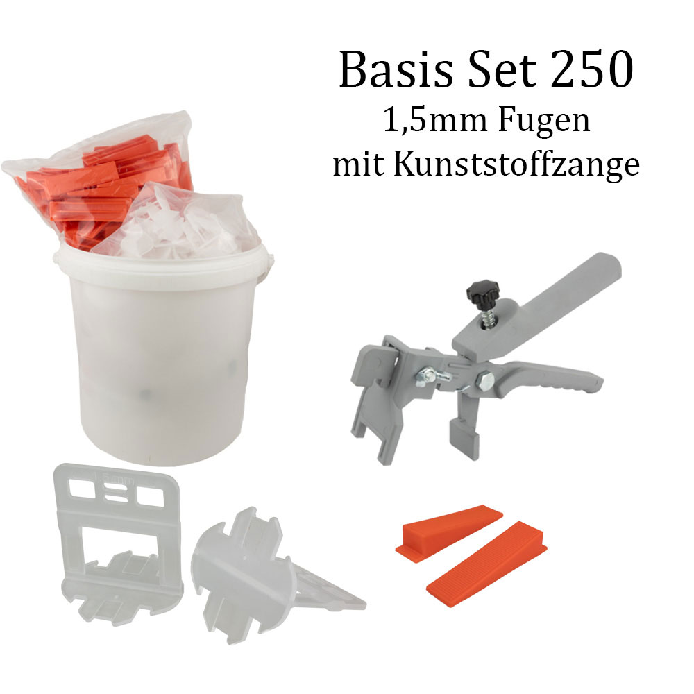 Nivelliersystem 1,5 mm Basis-Set 250 Laschen u. 250 Keile + Kunststoffzange Nivelliersystem 1,5 mm Basis-Set 250 Laschen u. 250 Keile + Kunststoffzange
