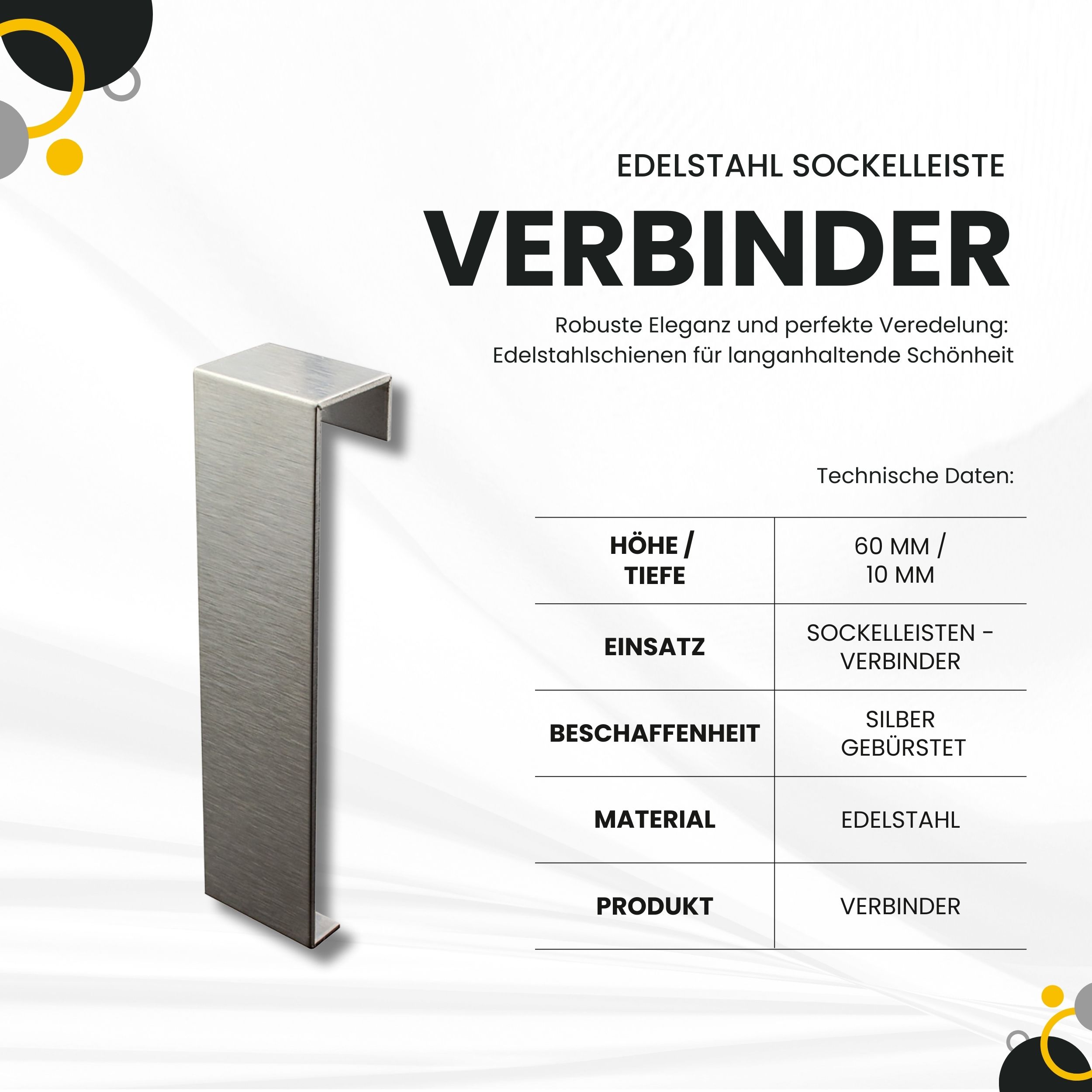 Sockelleiste Edelstahl Fußbodenleisten V2A L250cm 60mm silber gebürstet Verbinder