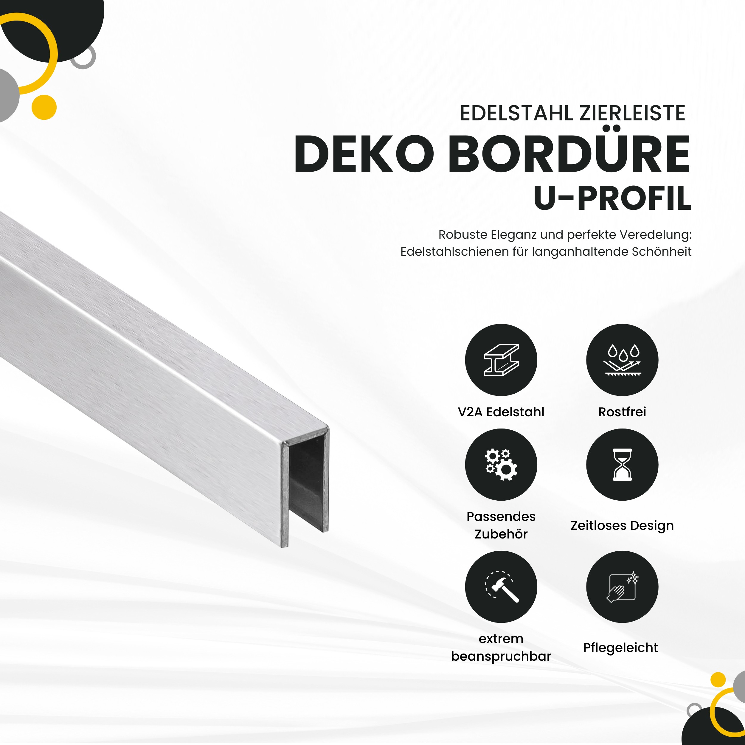 Deko Bordüre U-Profil Zierleiste Fliesenschiene Edelstahl V2A L250cm 3mm silber gebürstet