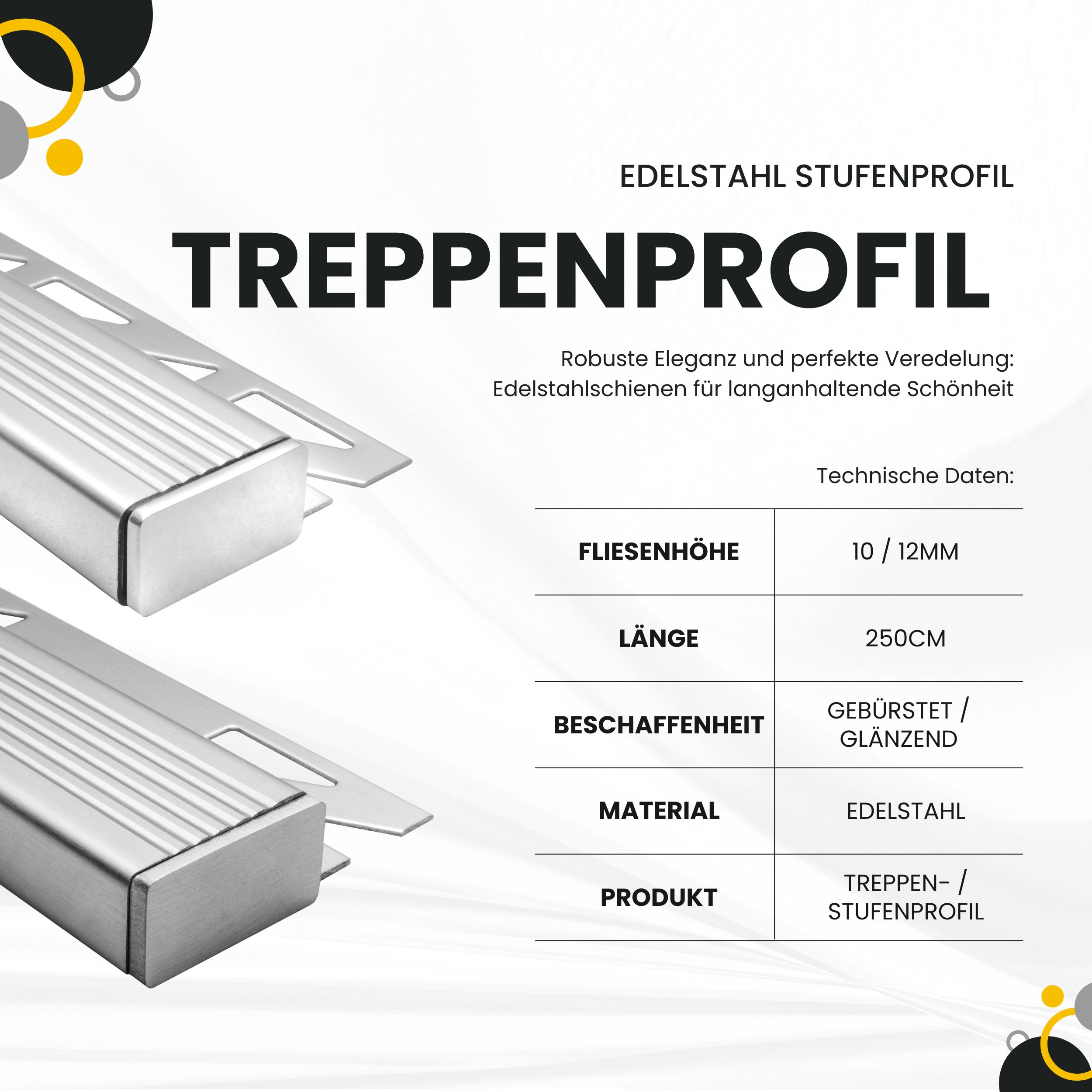 Edelstahl Stufenprofil Fliesenleiste Treppen Schiene 2,5m H10mm Profil gebürstet Edelstahl Stufenprofil Fliesenleiste Treppen Schiene L2,5m H12mm Profil glänzend