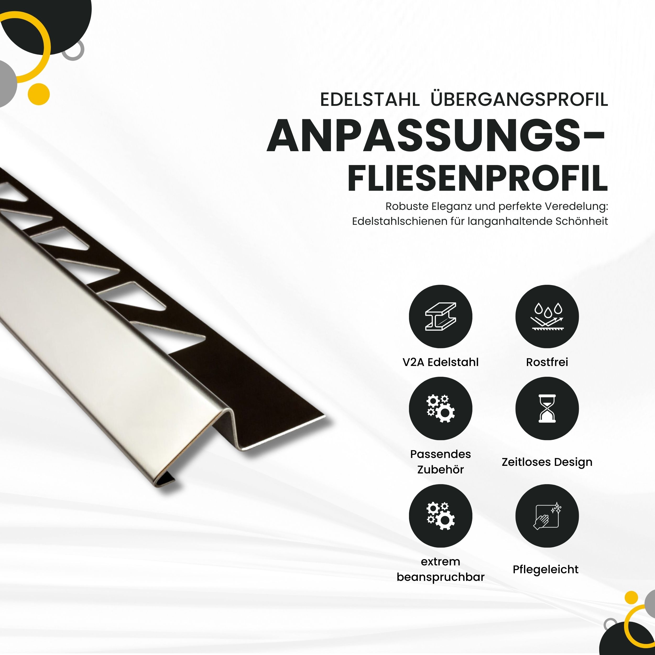 Anpassungsprofil Edelstahl Übergang Fliesenleiste Profil V2A 2,5m 10mm glänzend
