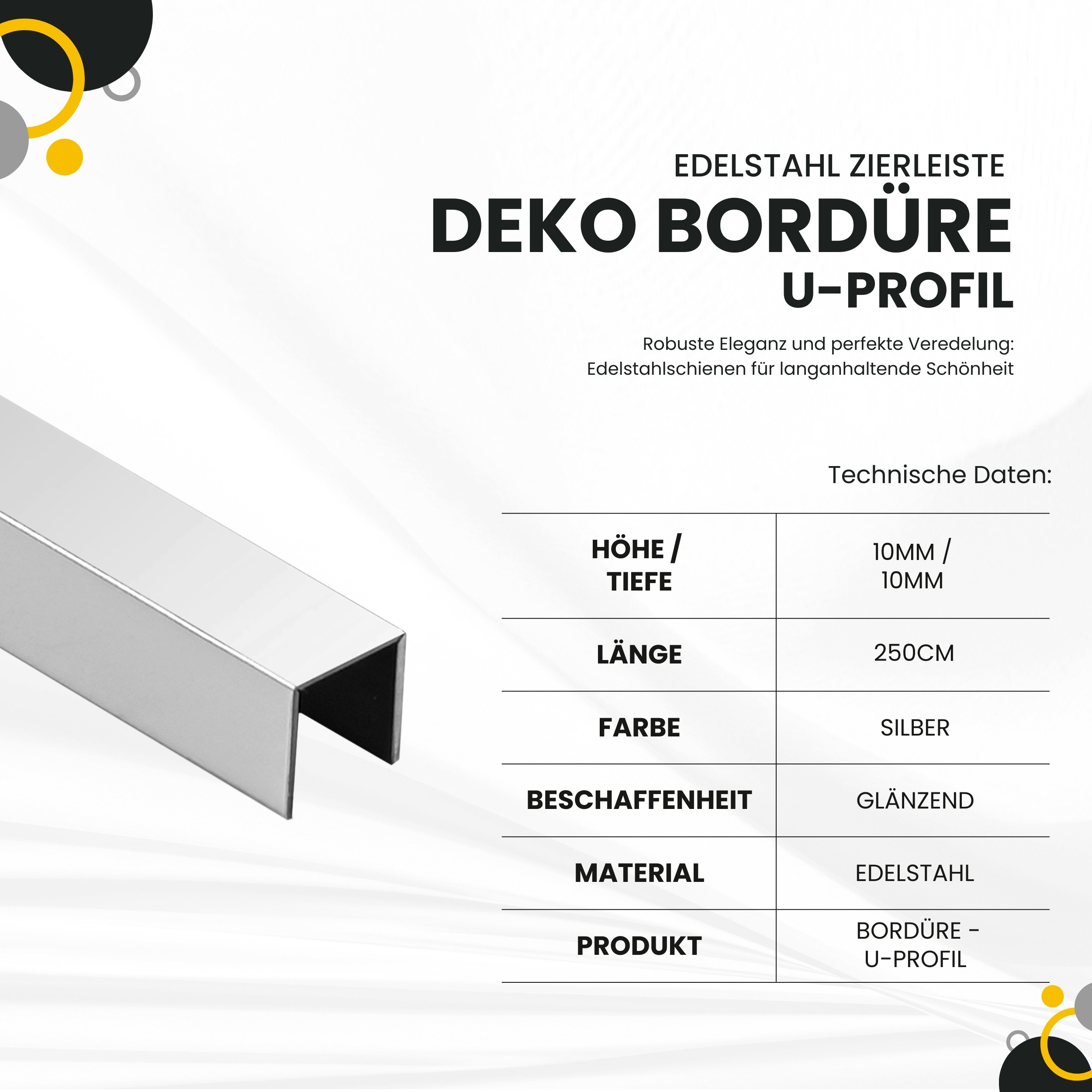 Deko Bordüre U-Profil Zierleiste Fliesenschiene Edelstahl V2A L250cm 10mm silber glänzend