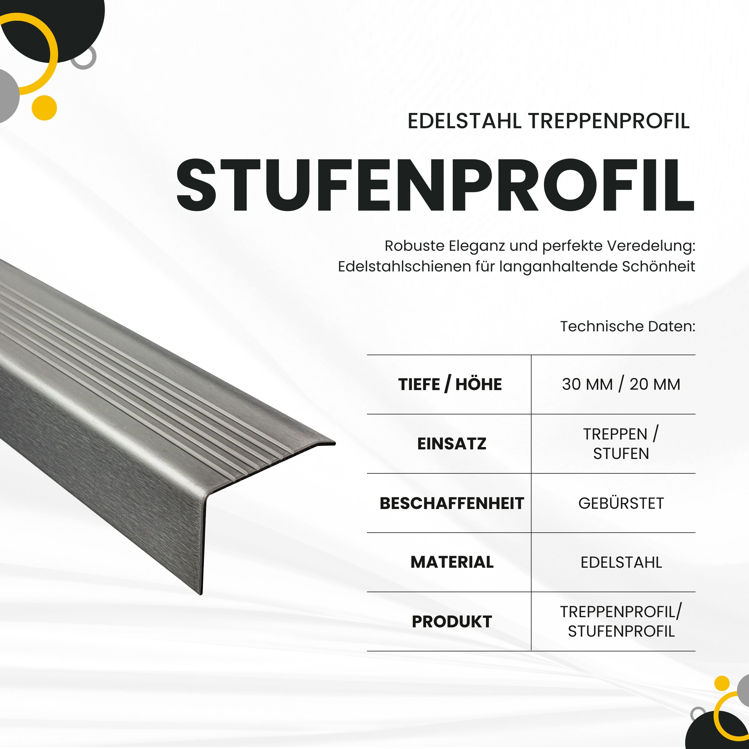 Edelstahl Treppenkantenprofil Stufenprofil Leiste T30mm H20mm 2,5m gebürstet