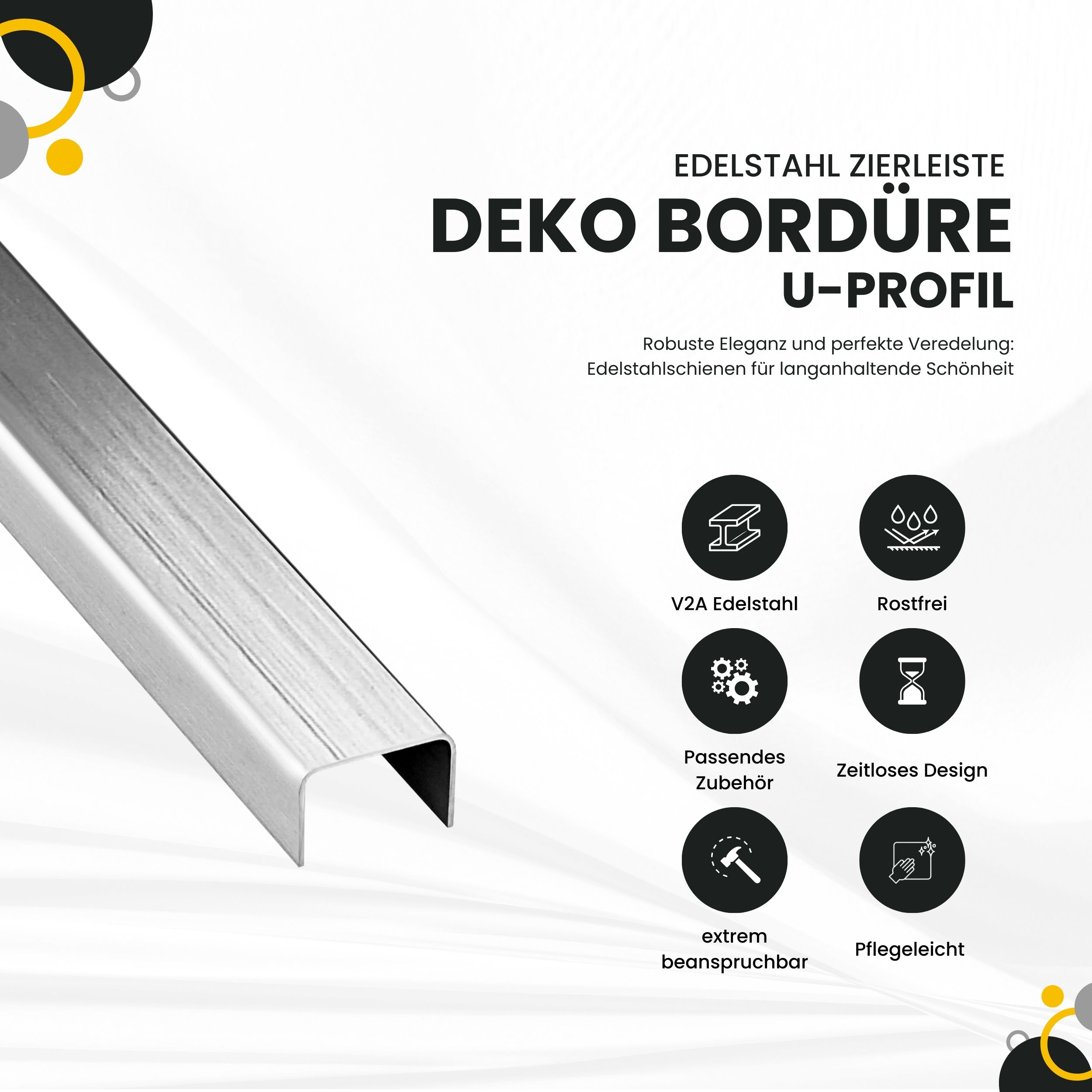 U Profil Edelstahlschiene Bordüre Fliesenschiene Edelstahl V2A L250cm 15mm silber gebürstet