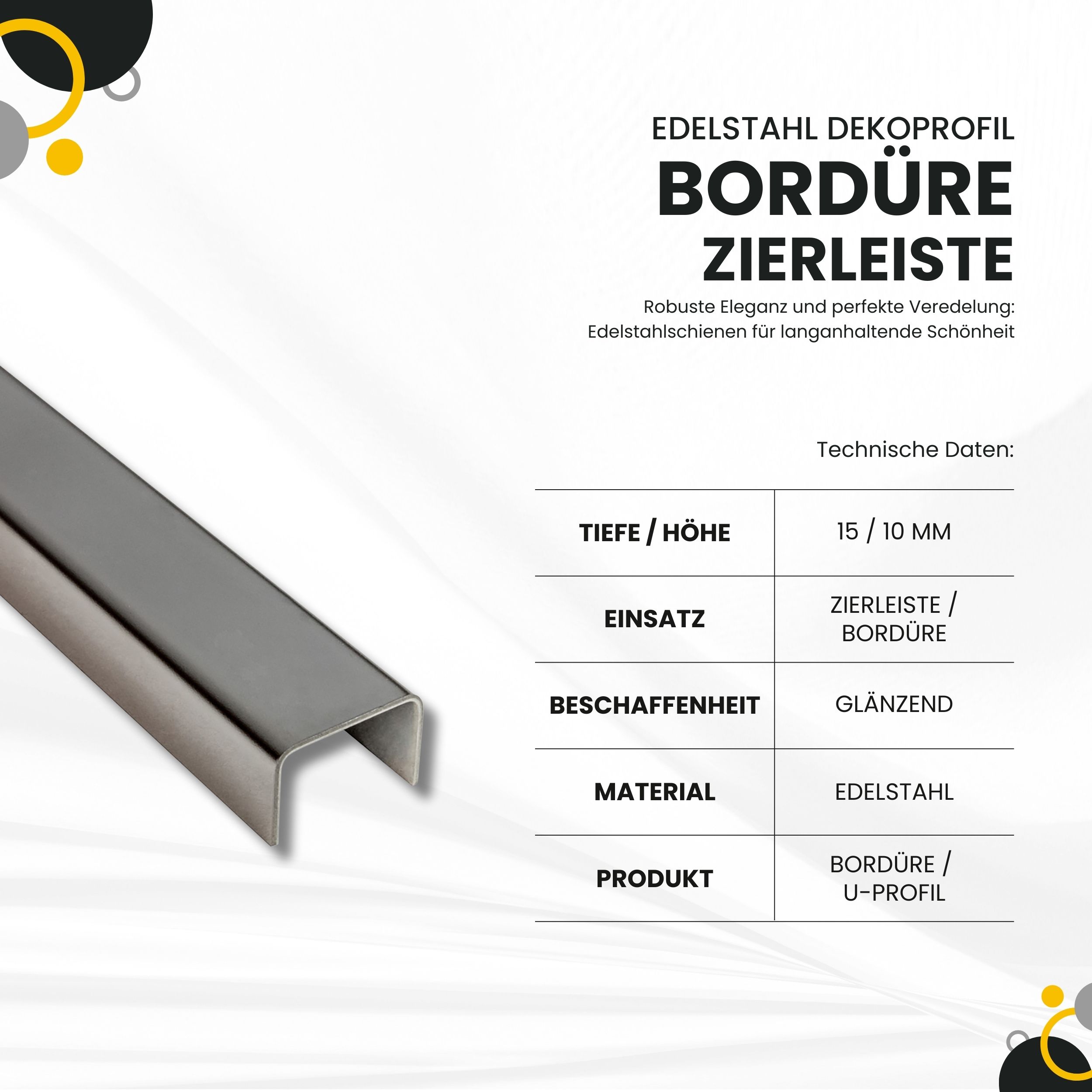 U Profil Edelstahlschiene Bordüre Fliesenschiene Edelstahl V2A L250cm H15mm glänzend U Profil Edelstahlschiene Bordüre Fliesenschiene Edelstahl V2A L250cm H15mm glänzend