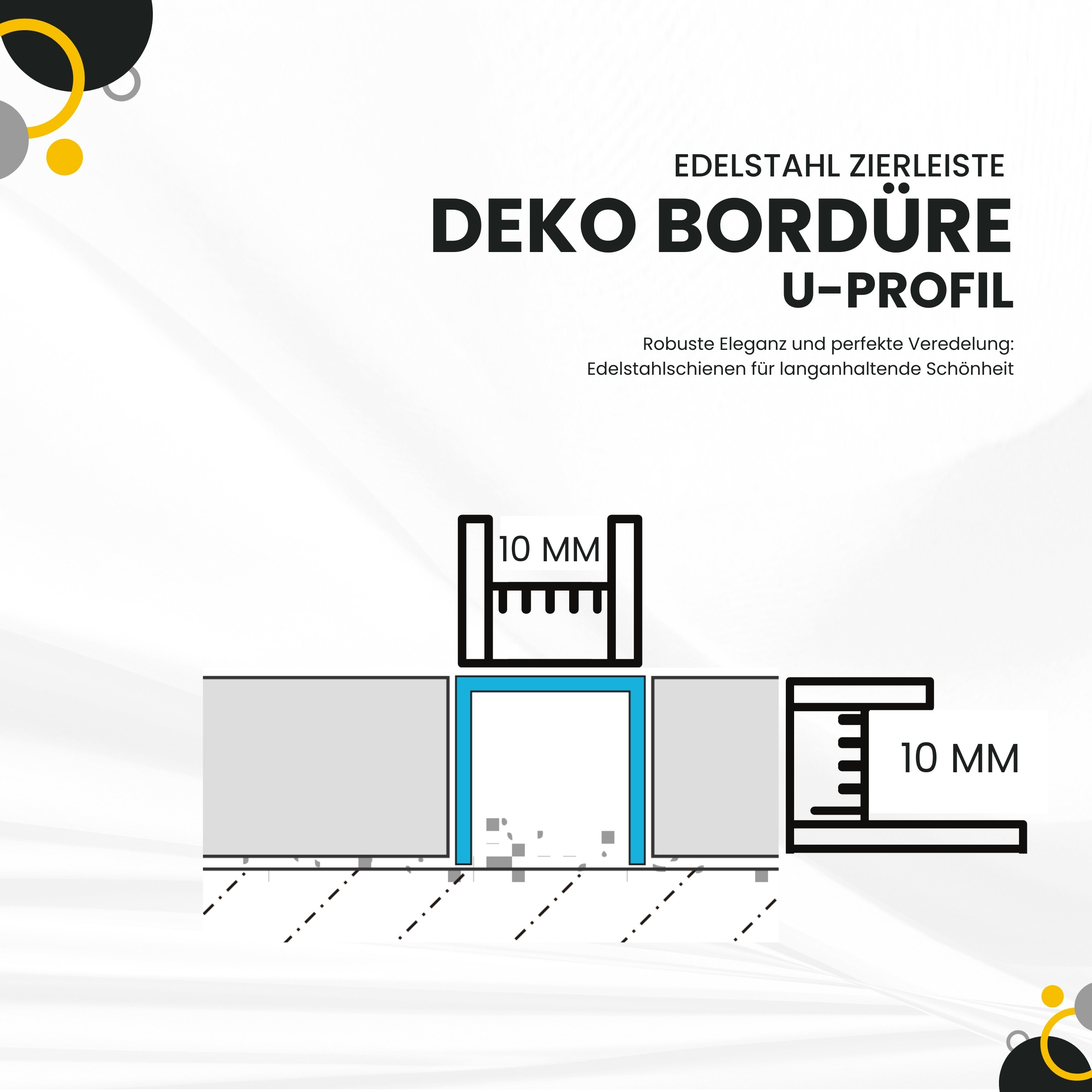 Deko Bordüre U-Profil Zierleiste Fliesenschiene Edelstahl V2A L250cm 10mm silber glänzend
