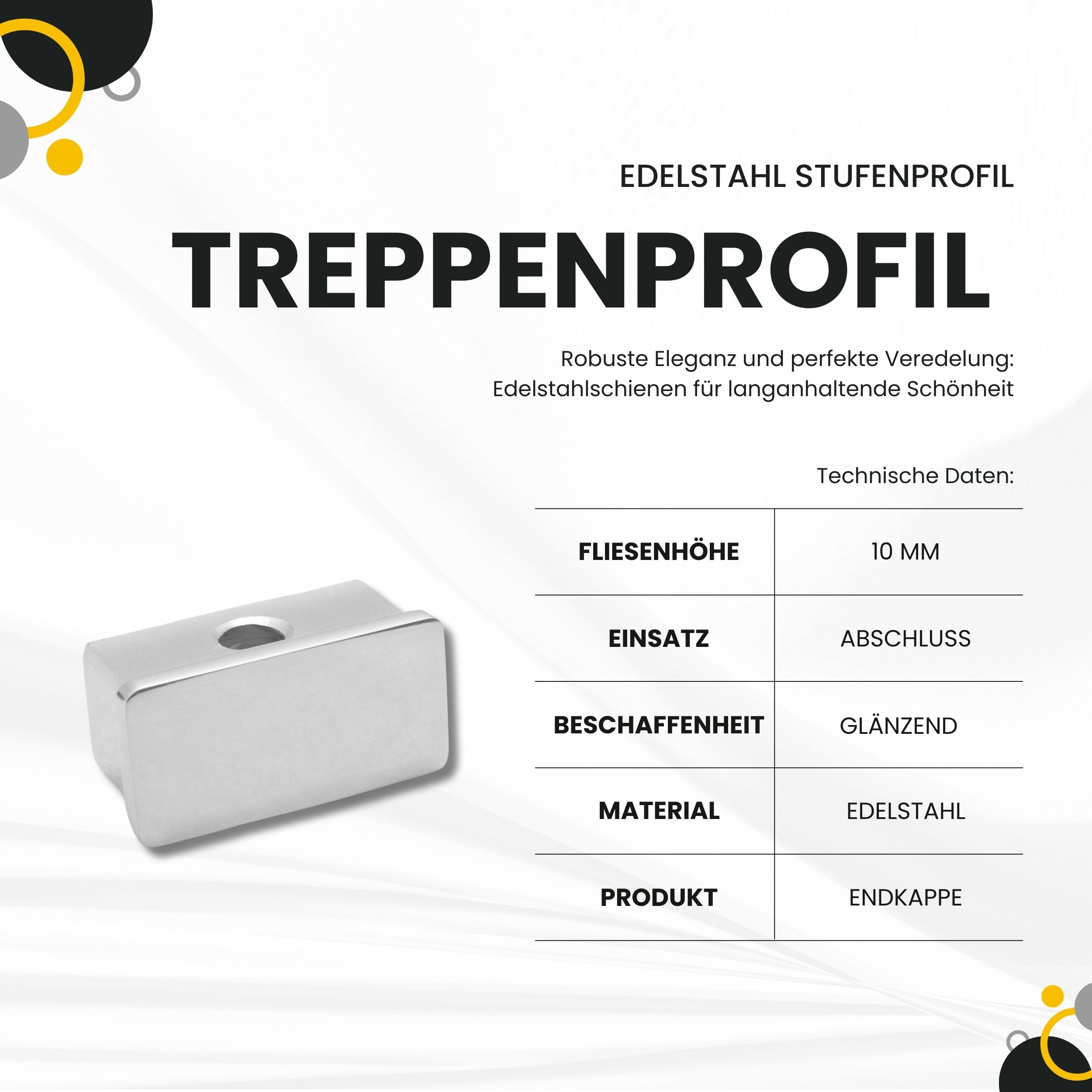 Edelstahl Stufenprofil Fliesenleiste Treppen H10mm Endkappe glänzend