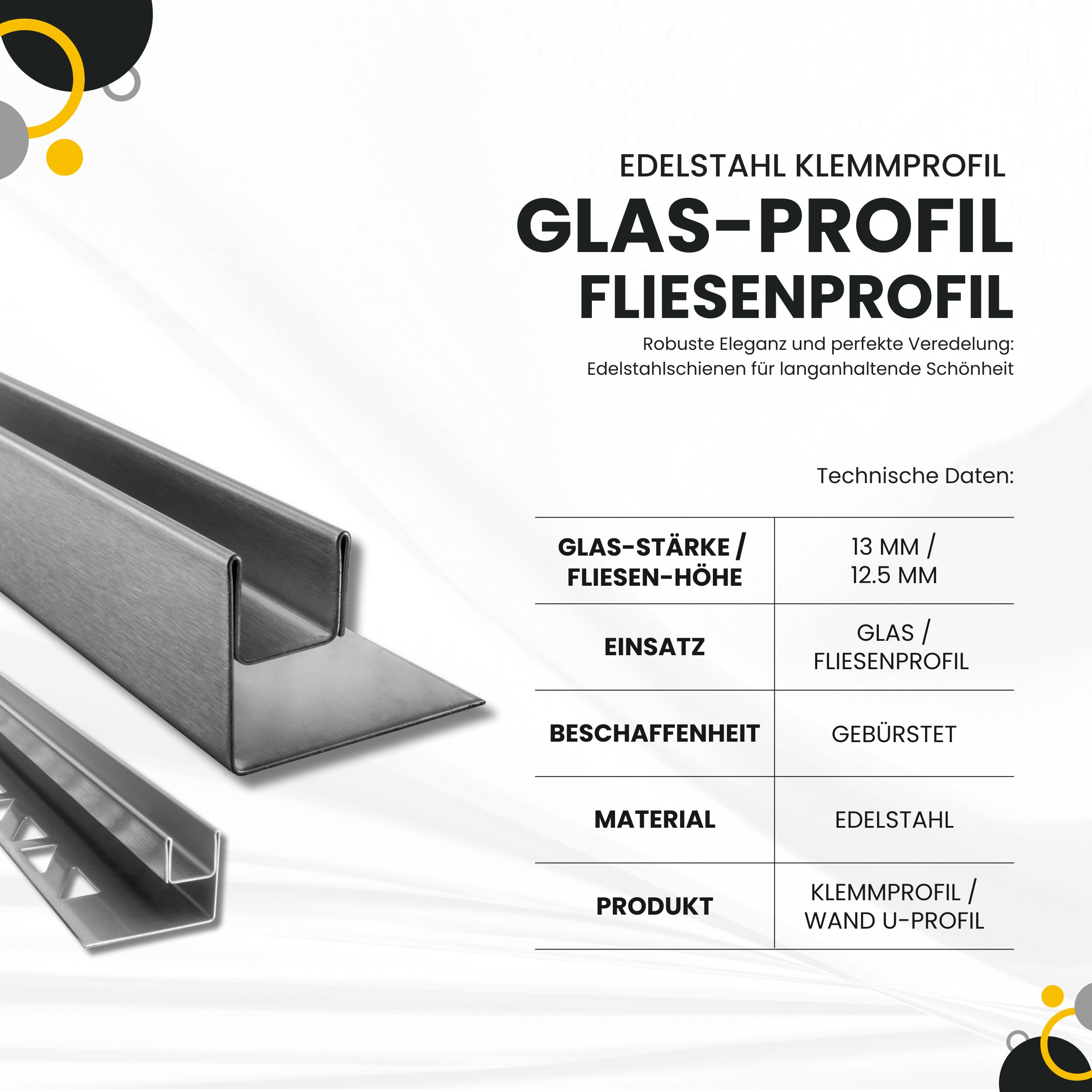 Glas-Fliesenprofil Edelstahl Klemmprofil Wandprofil V2A 2,5m H26,5mm 13mm Glas gebürstet