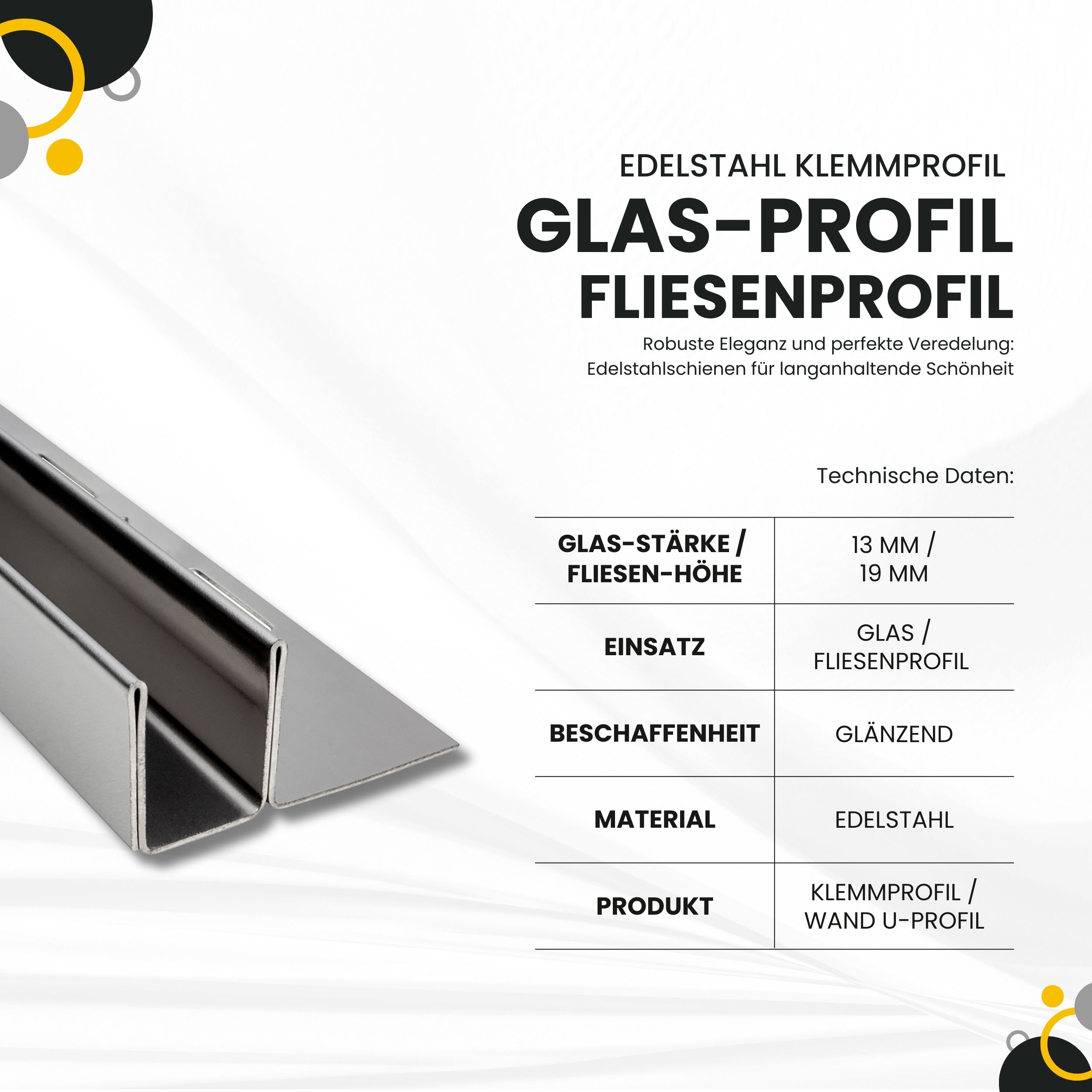 Glas-Fliesenprofil Edelstahl Klemmprofil Wandprofil V2A 2m H19mm 13mm-Glas glänzend Glas-Fliesenprofil Edelstahl Klemmprofil Wandprofil V2A 2m H19mm 13mm-Glas glänzend
