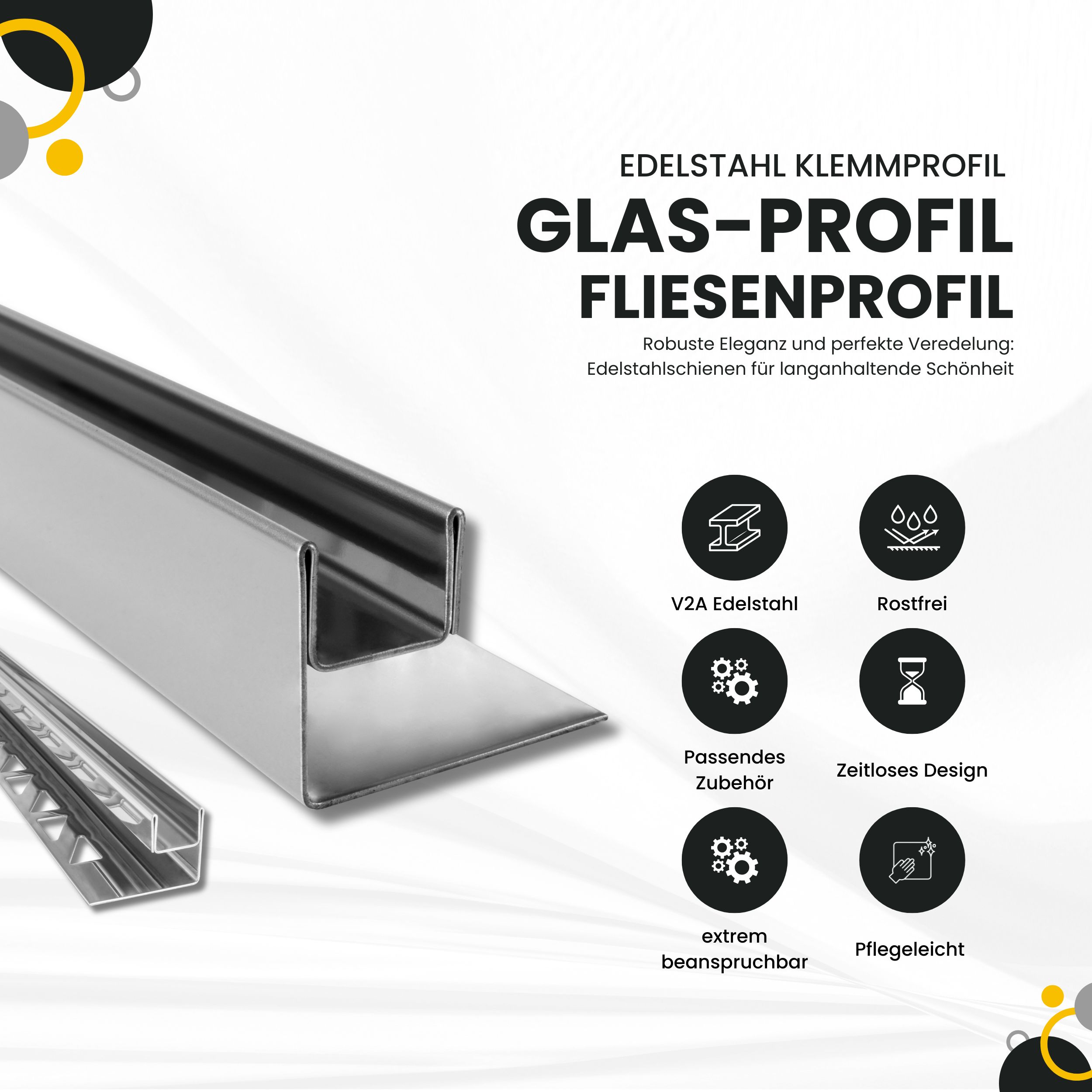 Glas-Fliesenprofil Edelstahl Klemmprofil Wandprofil V2A 2,5m H26,5mm 11mm Glas glänzend