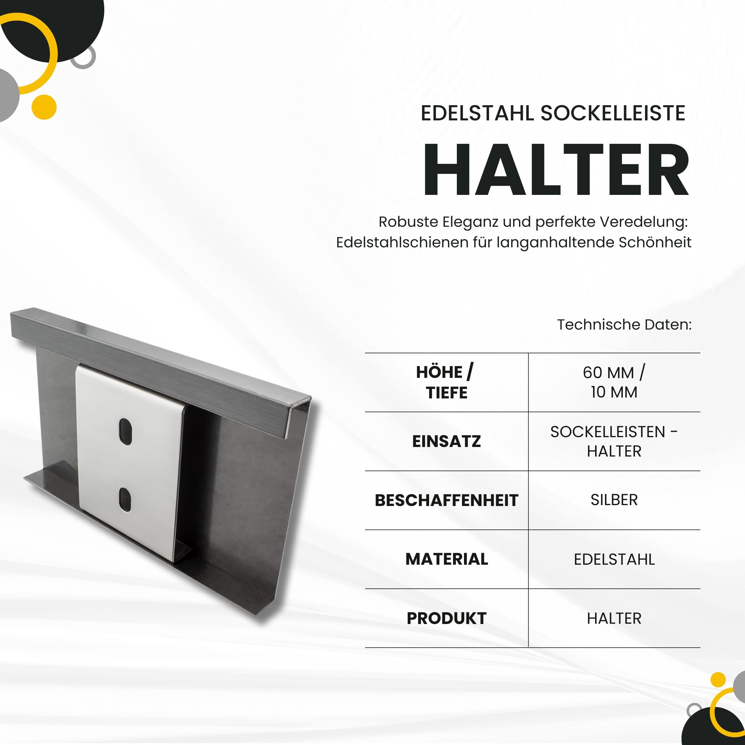 Sockelleiste Edelstahl Fußbodenleisten V2A L250cm 60mm silber gebürstet Halter