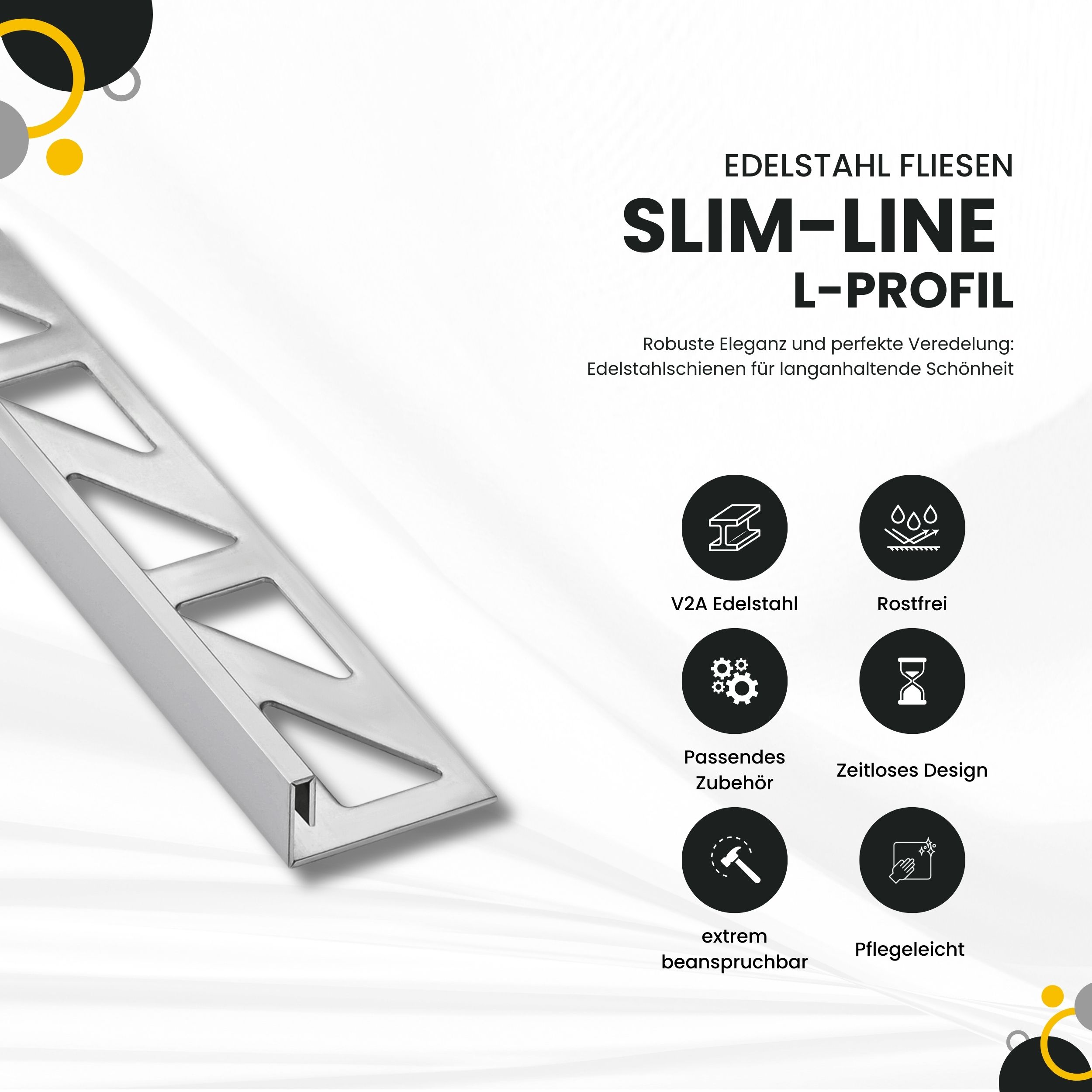Slim-Line Edelstahl L-Profil Fliesenschiene V2A L250cm H10mm silber glänzend