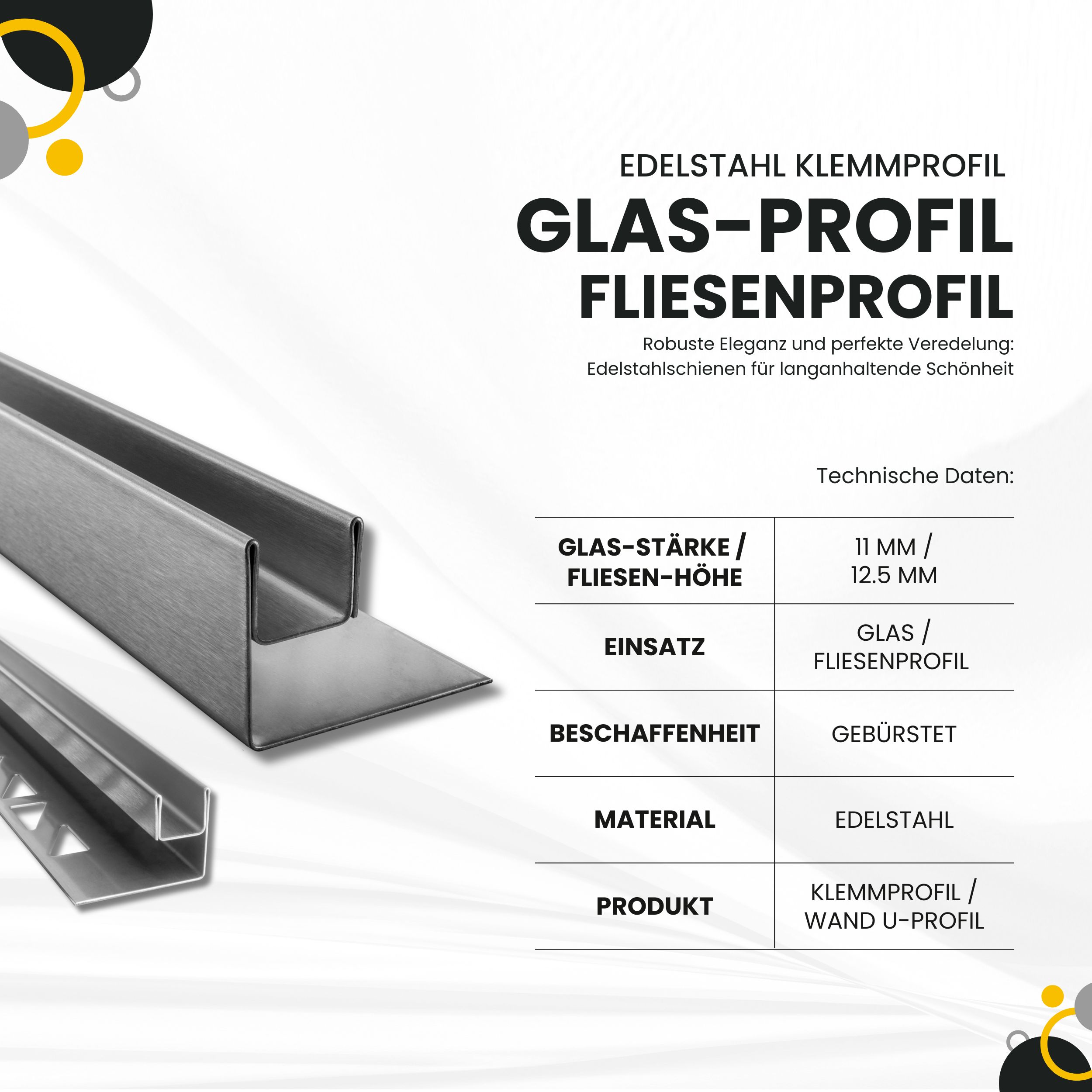 Glas-Fliesenprofil Edelstahl Klemmprofil Wandprofil V2A 2,5m H26,5mm 11mm Glas gebürstet Glas-Fliesenprofil Edelstahl Klemmprofil Wandprofil V2A 2,5m H26,5mm 11mm Glas gebürstet