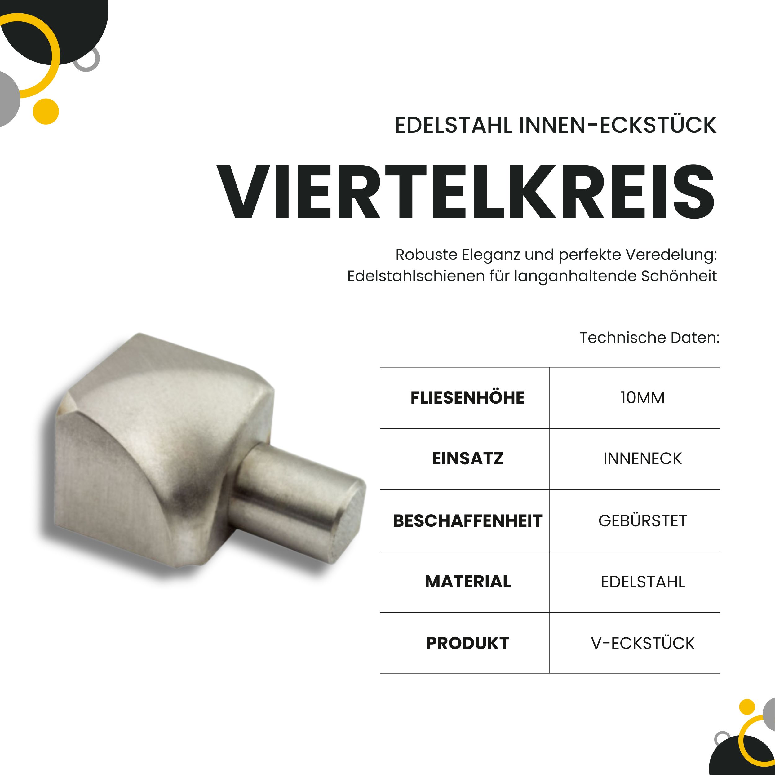 Viertelkreis Inneneck Vollmaterial Edelstahl V2A 10mm gebürstet