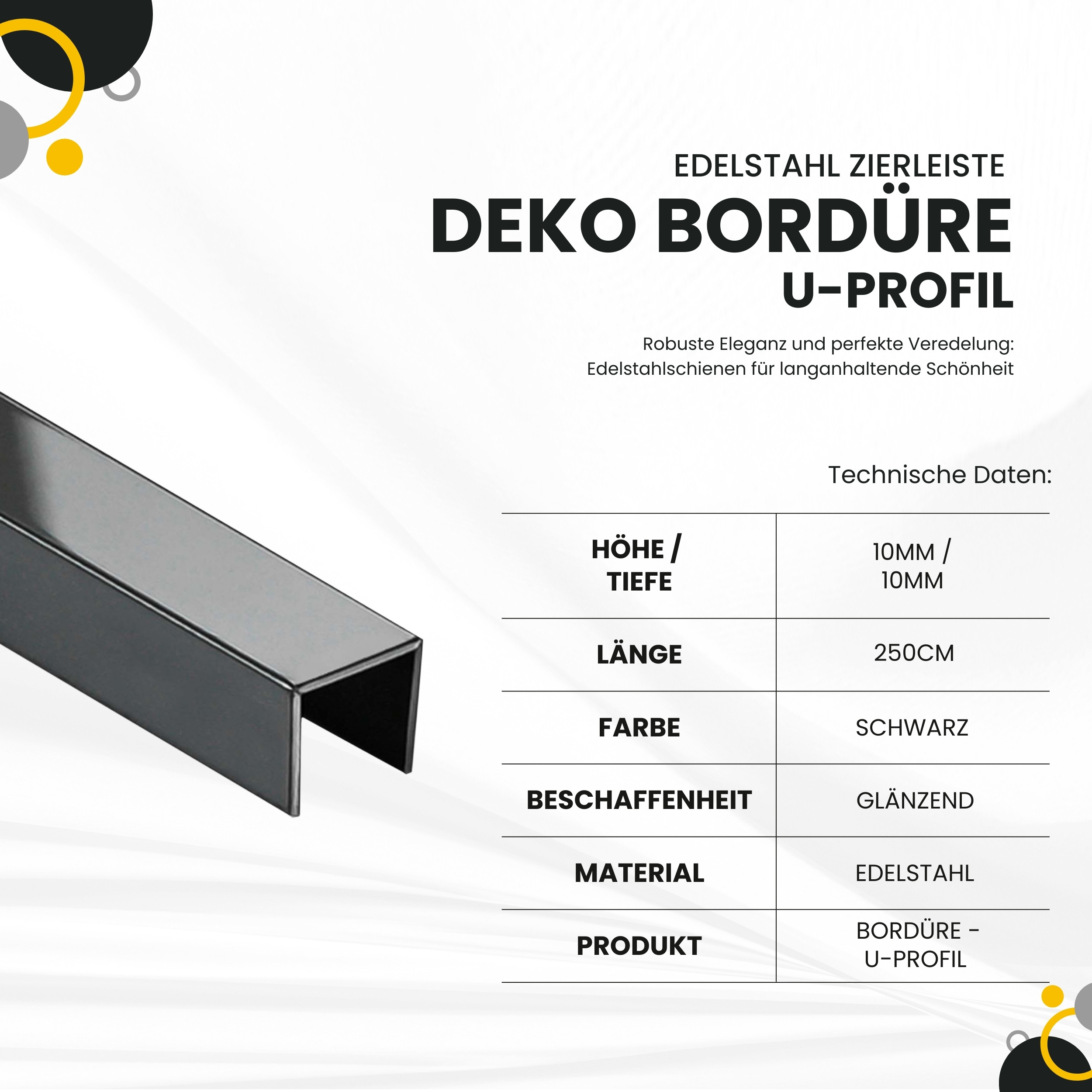Deko Bordüre U-Profil Zierleiste Fliesenschiene Edelstahl V2A L250cm 10mm schwarz glänzend