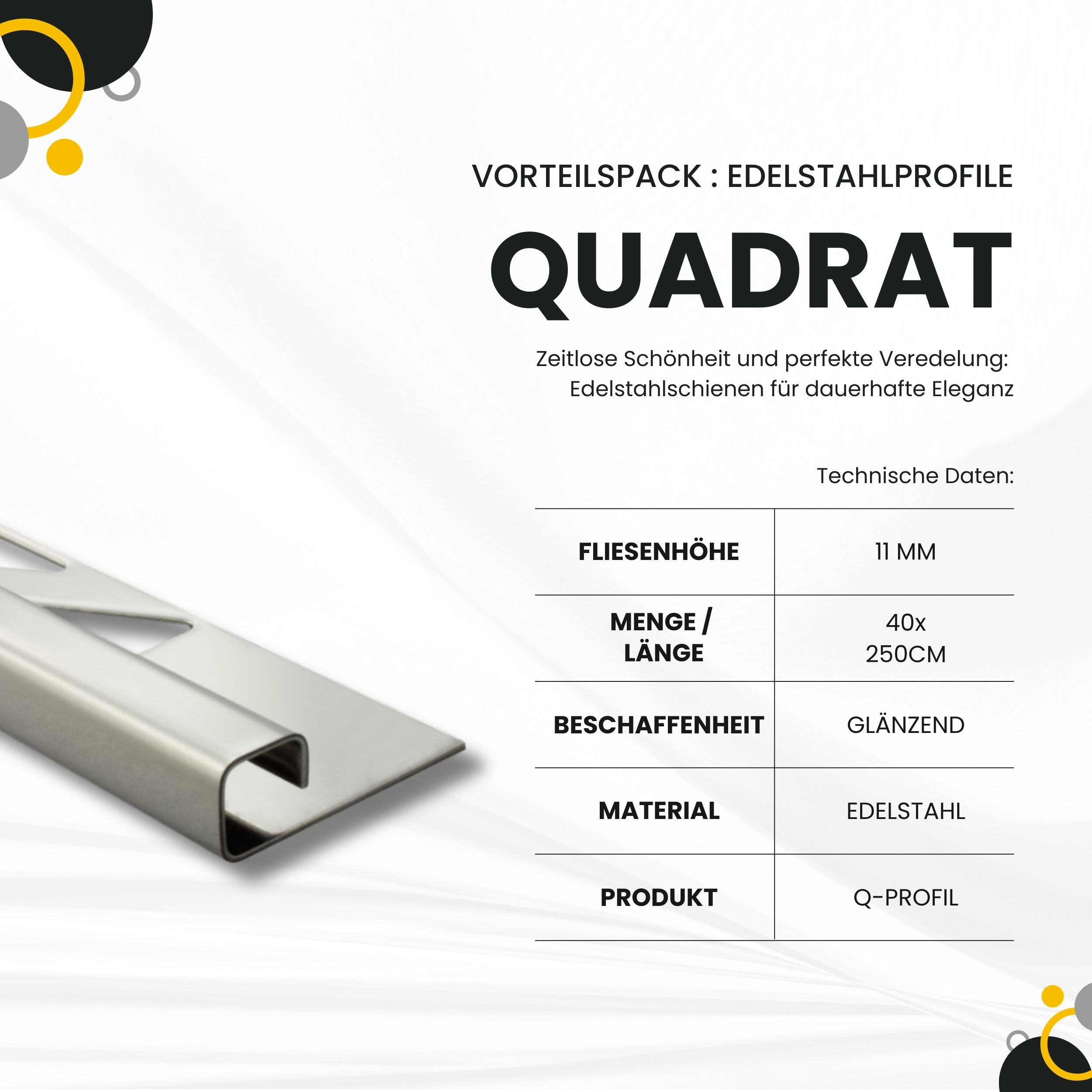 40x Quadrat Edelstahlschiene Fliesenprofil Fliesenschiene L250cm 11mm glänzend