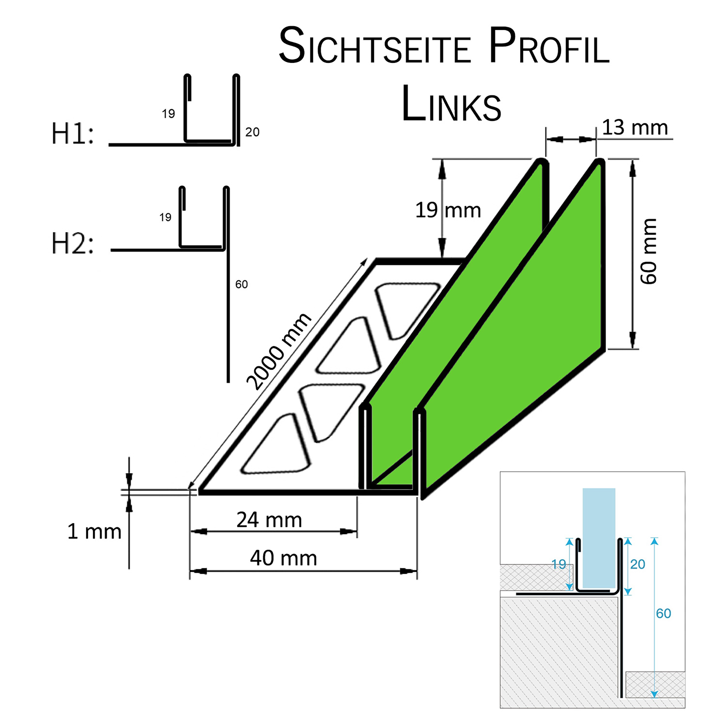 Glashalter- Duschprofil, Keil- Gefälle-Profil begehbare Dusche H19 G13 Links 200cm gebürstet