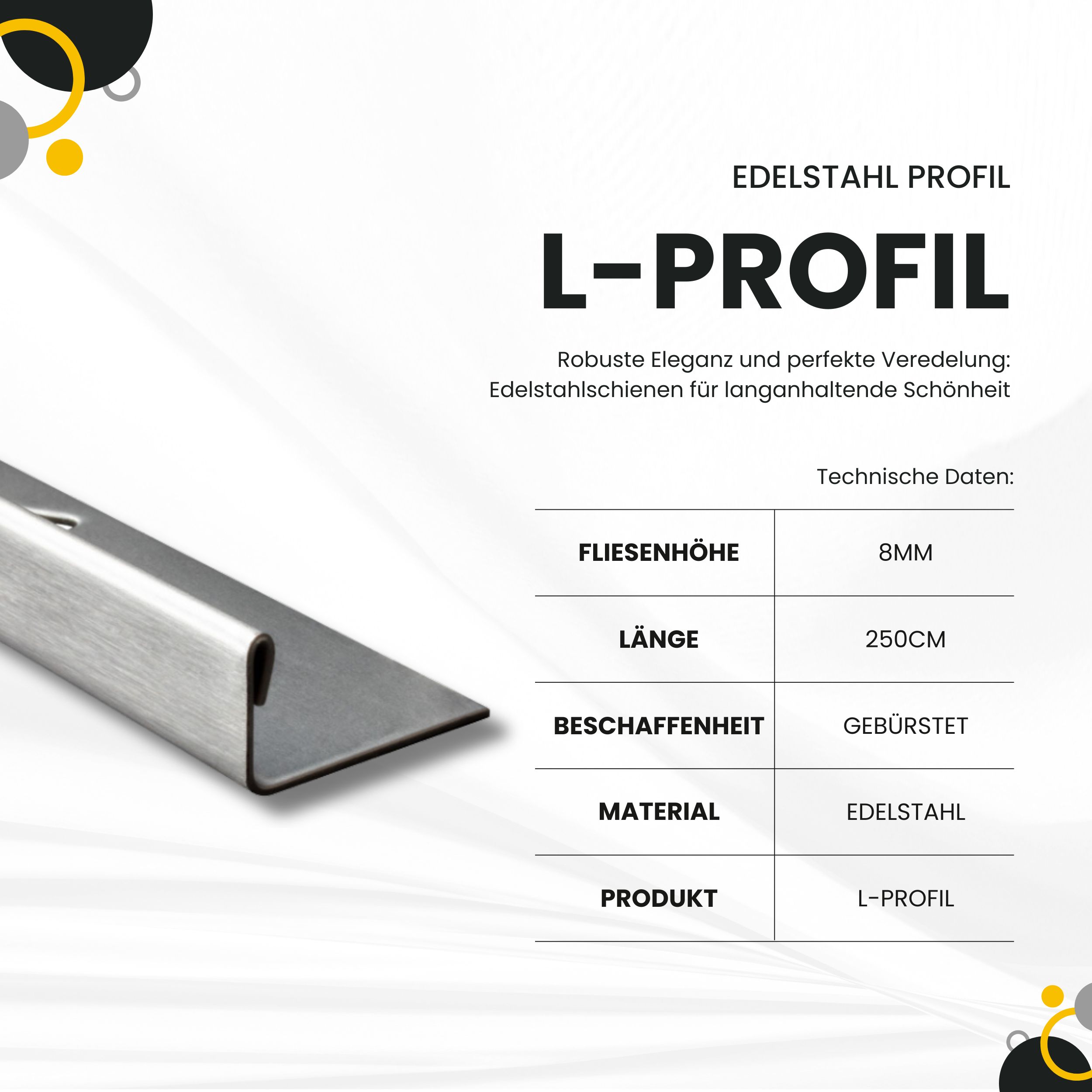 L-Profil Edelstahlschiene Profil Fliesenschiene Edelstahl V2A L250cm 8mm gebürstet
