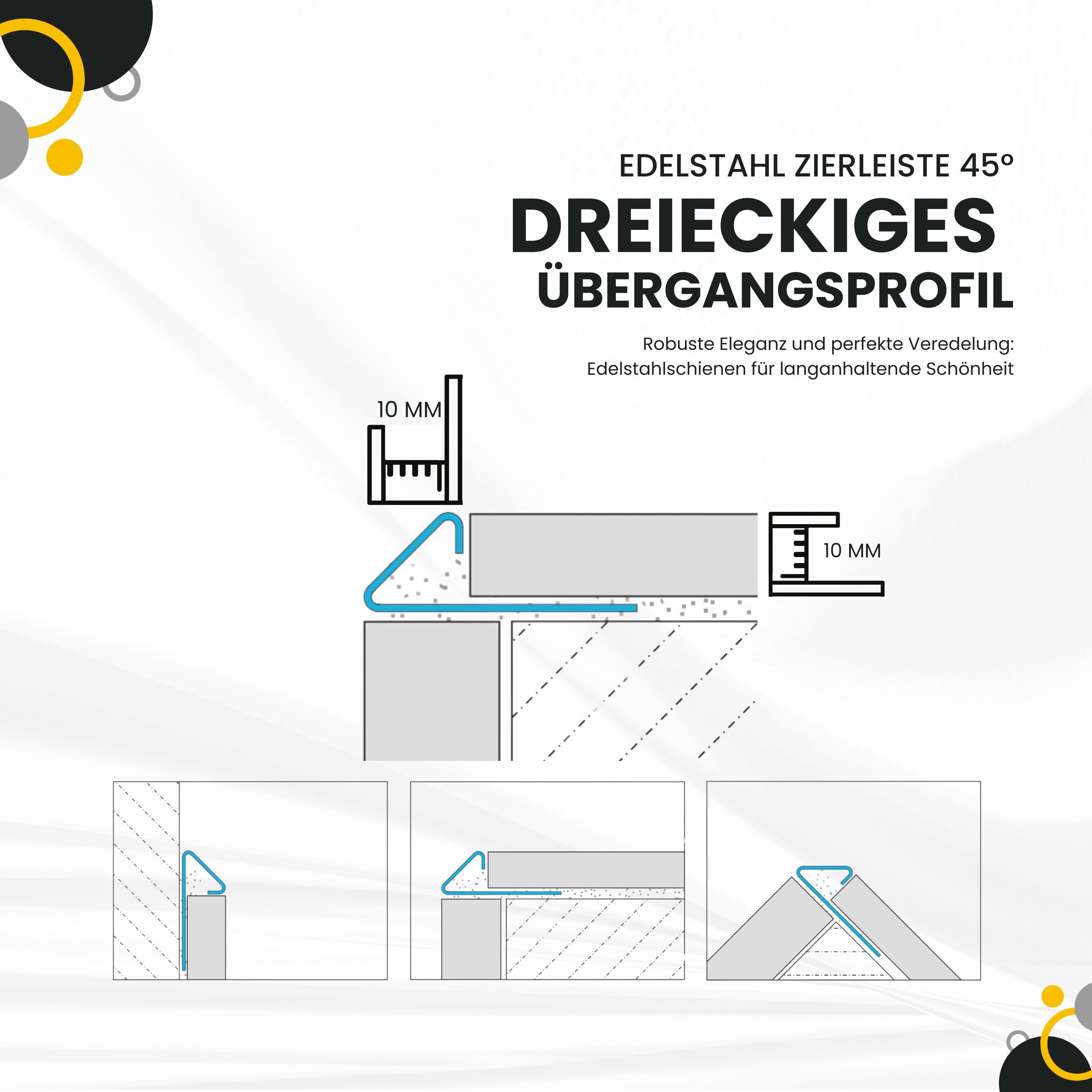 Dreieckiges 45° Übergangsprofil Edelstahl Fliesenprofil V2A L250cm H10mm Aussenck Dreieckiges 45° Übergangsprofil Edelstahl Fliesenprofil V2A L250cm H10mm Profil