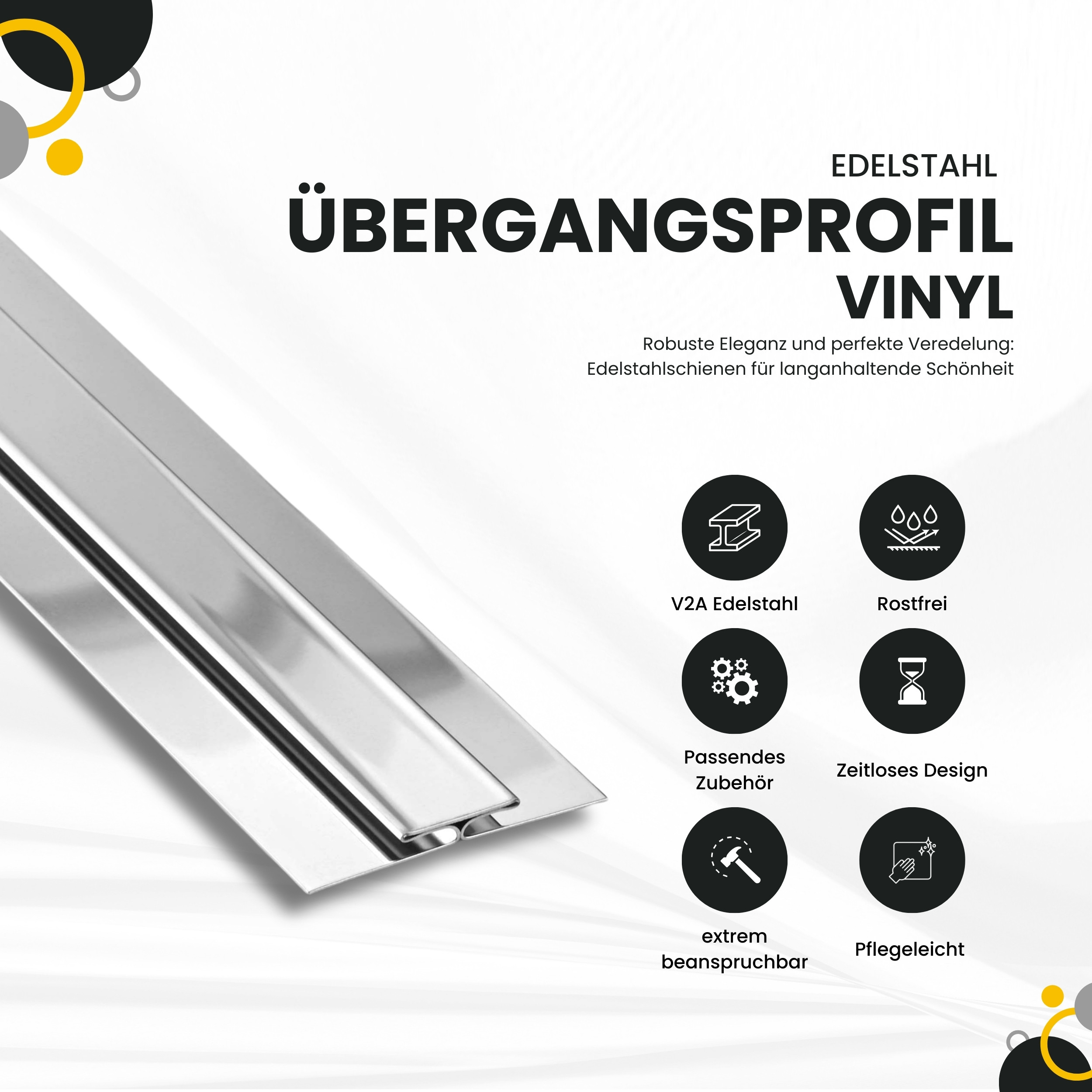Vinyl Übergangsprofil H-Profil Edelstahl V2A, L250cm, H2mm, silber glänzend