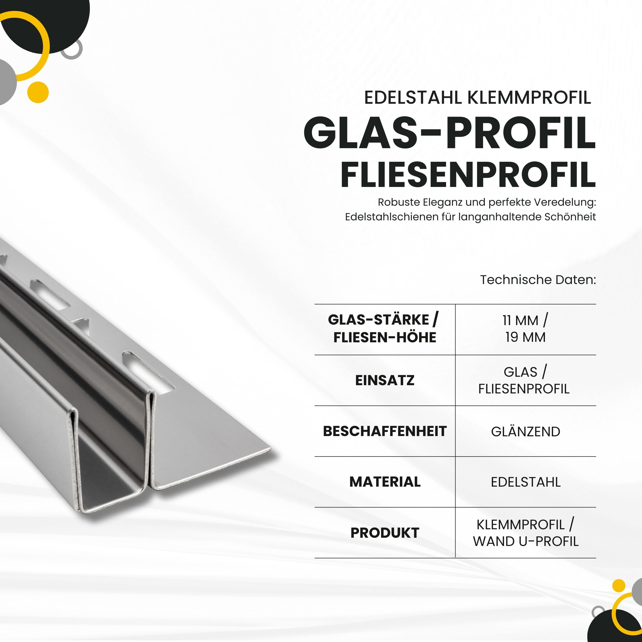 Glas-Fliesenprofil Edelstahl Klemmprofil Wandprofil V2A 2m H19mm 11mm-Glas glänzend