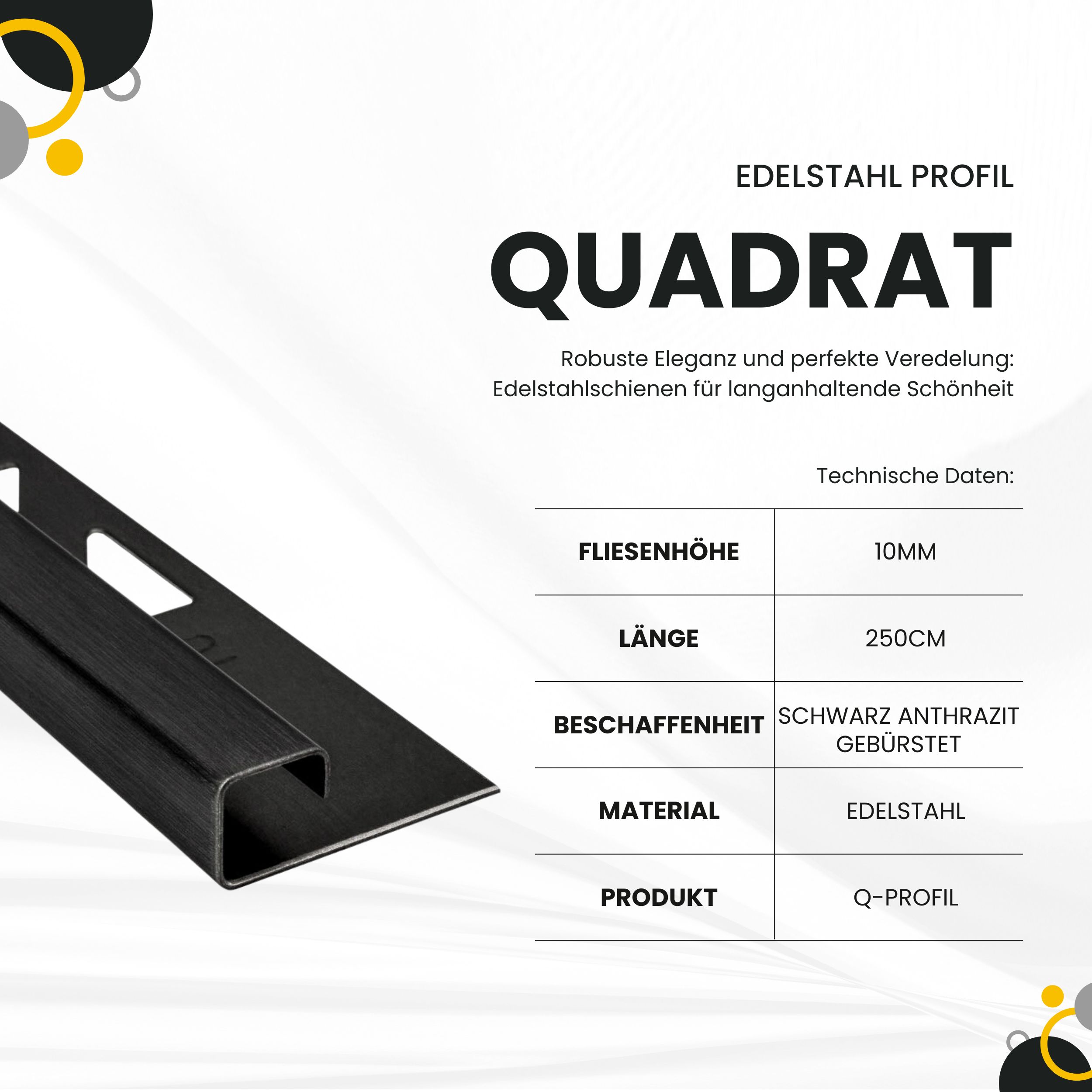 Quadrat Edelstahlschiene Fliesenprofil V2A 2,5m 10mm schwarz anthrazit gebürstet Quadrat Fliesenprofil Edelstahl V2A L250cm H10 schwarz anthrazit gebürstet