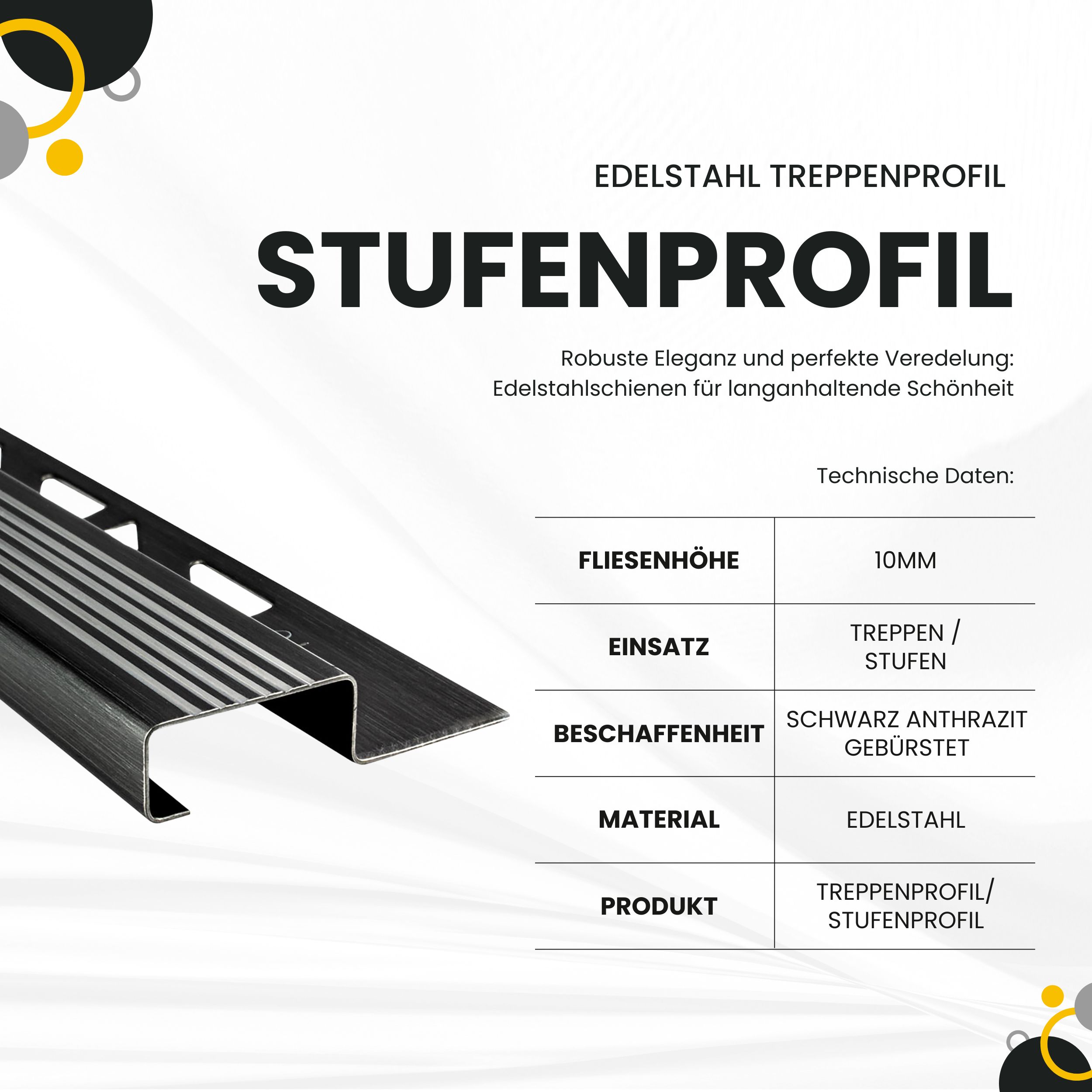 Edelstahl Stufenprofil Fliesen Treppen schwarz anthrazit gebürstet 2,5m 10mm Edelstahl Stufenprofil Fliesen Treppen schwarz anthrazit gebürstet 2,5m 10mm