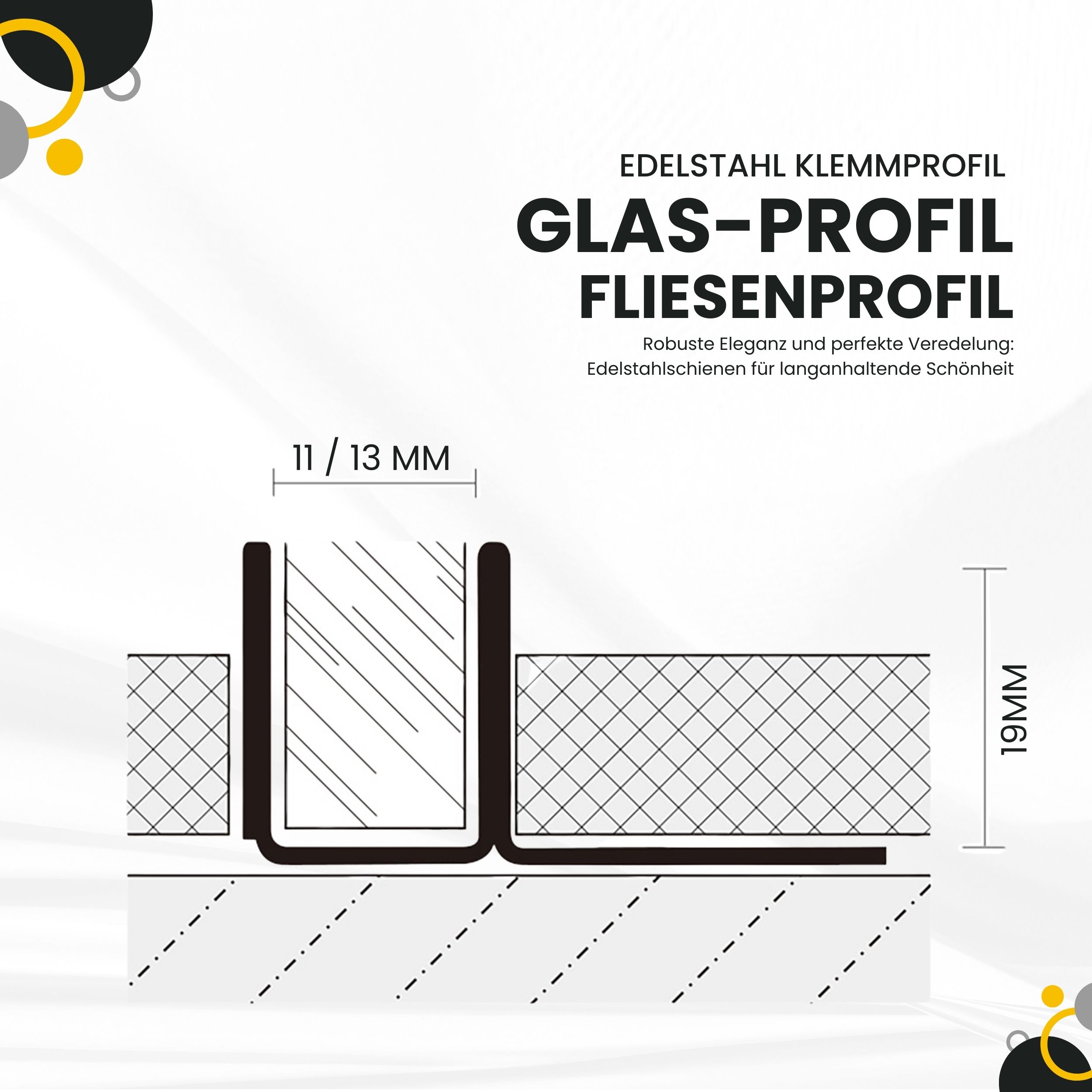 Glas-Fliesenprofil Edelstahl Klemmprofil Wandprofil V2A 2m H19mm 13mm-Glas glänzend Glas-Fliesenprofil Edelstahl Klemmprofil Wandprofil V2A 2m H19mm 13mm-Glas glänzend