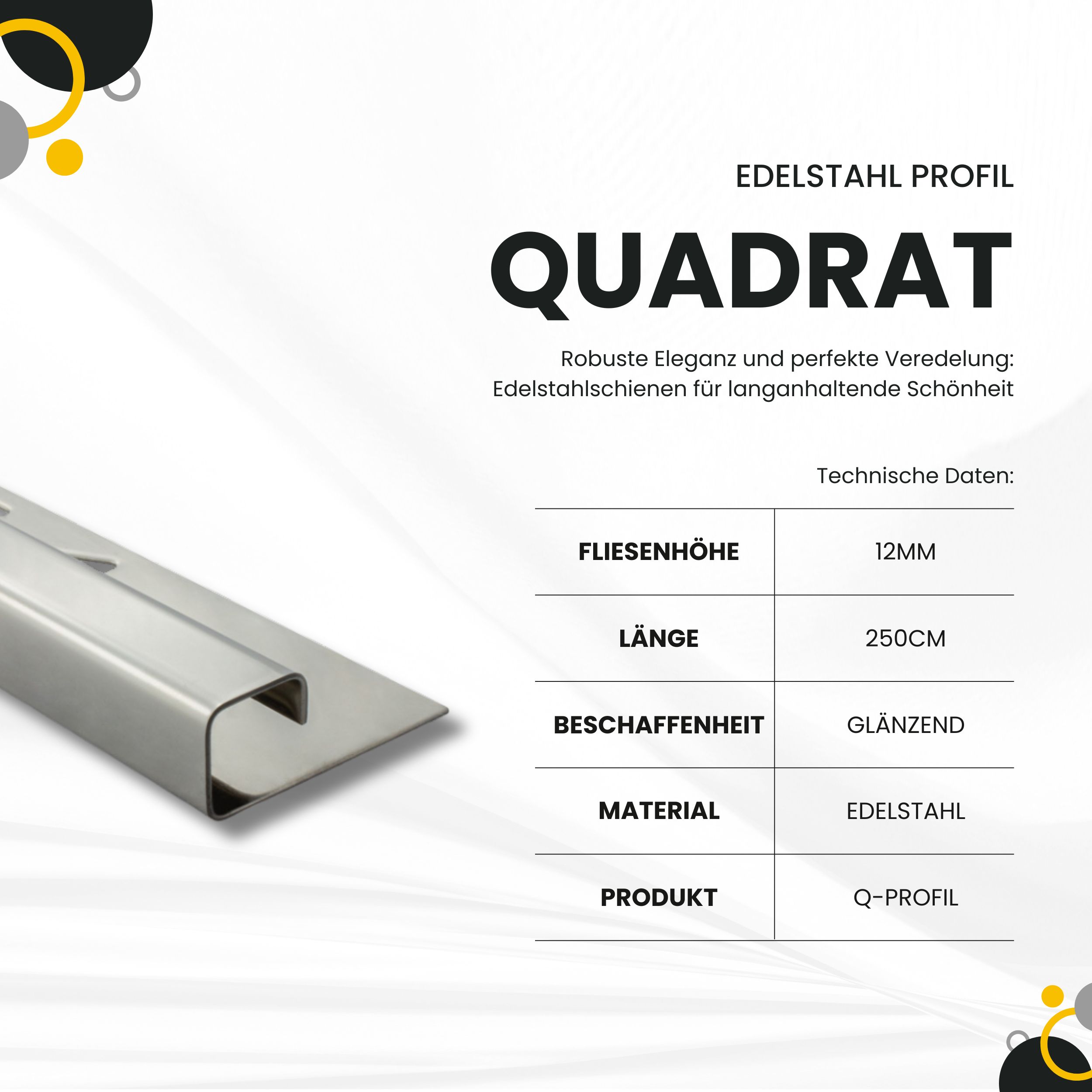 Quadrat Edelstahlschiene Profil Fliesenschiene Edelstahl V2A L250cm 12mm glänzend