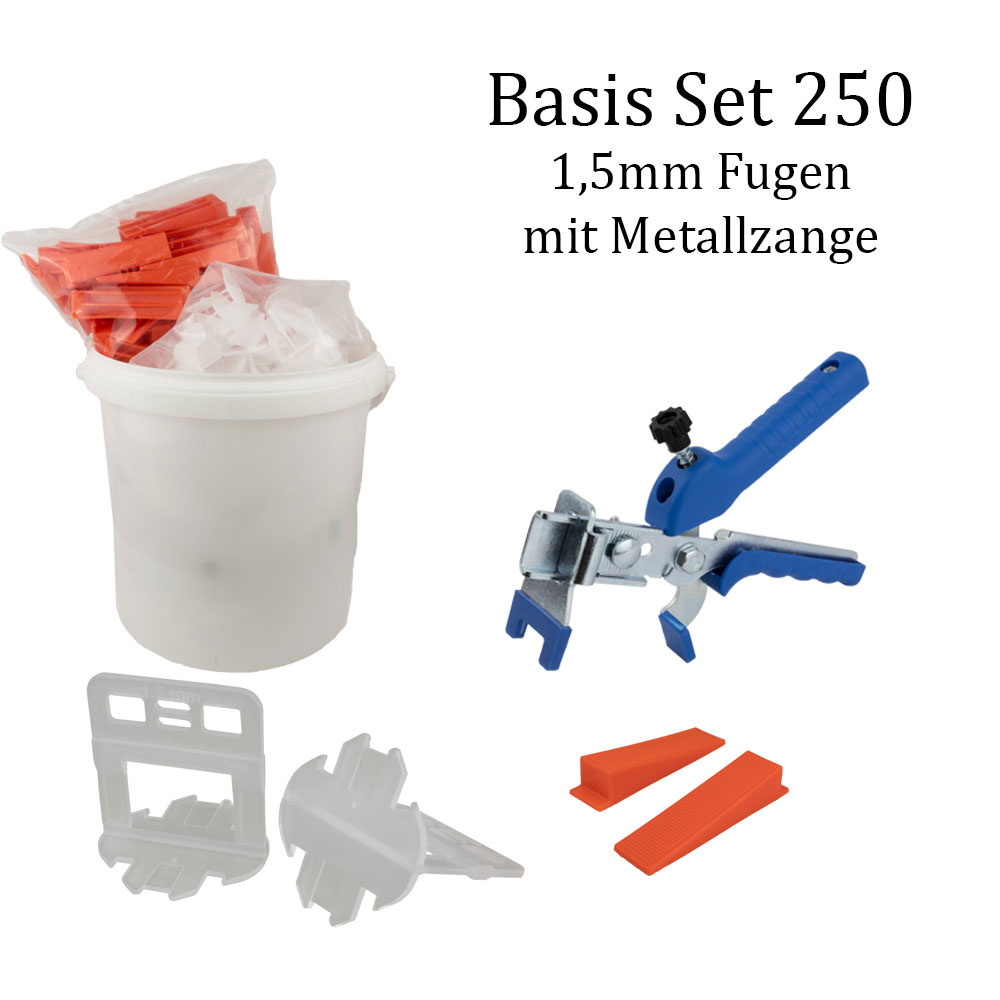 Nivelliersystem 1,5 mm Basis-Set 250 Laschen u. 250 Keile + Metallzange Nivelliersystem 1,5 mm Basis-Set 250 Laschen u. 250 Keile + Metallzange
